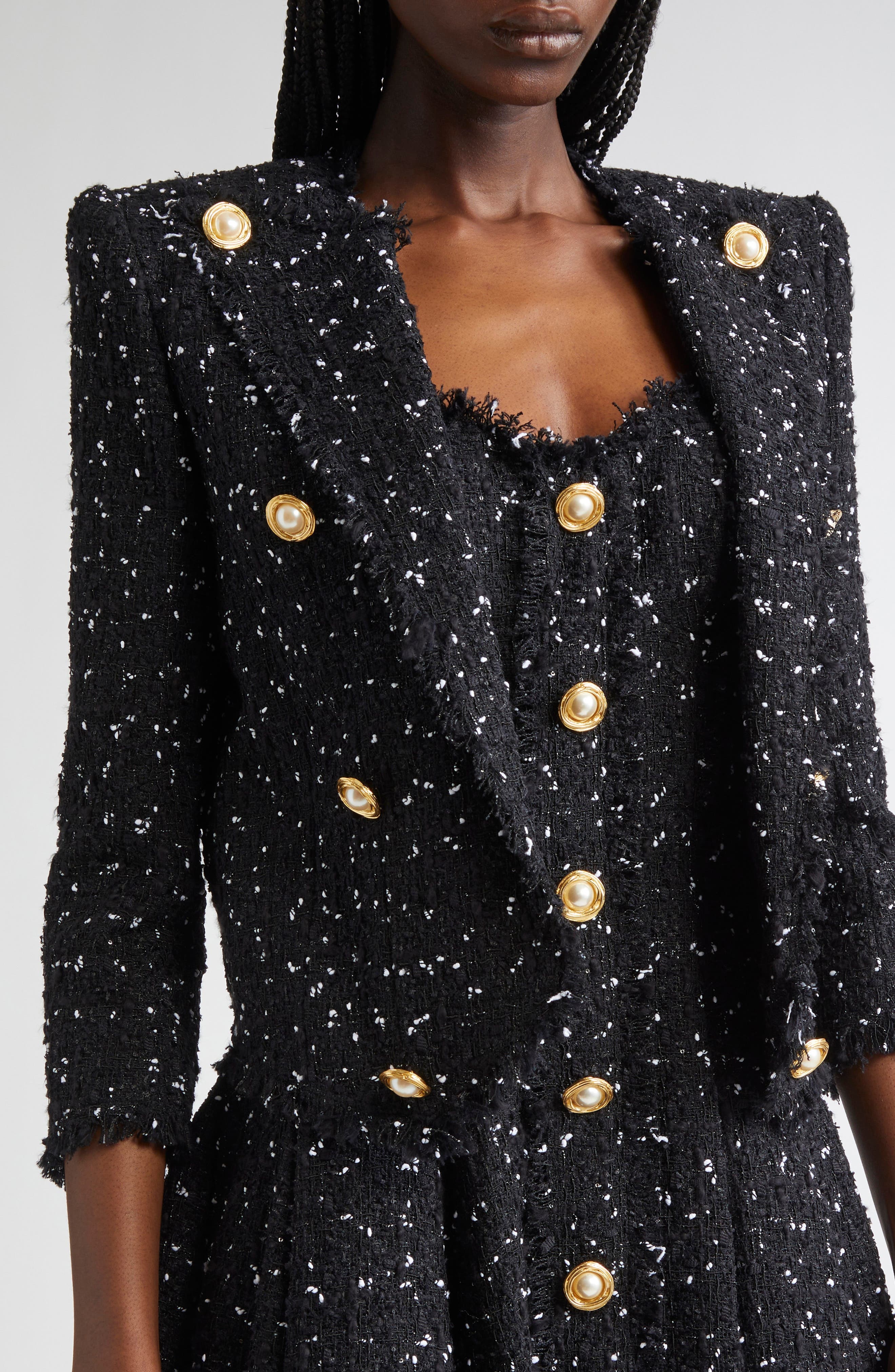 Balmain Polka Dot Tweed Spencer Jacket in Black/White at Nordstrom - 5