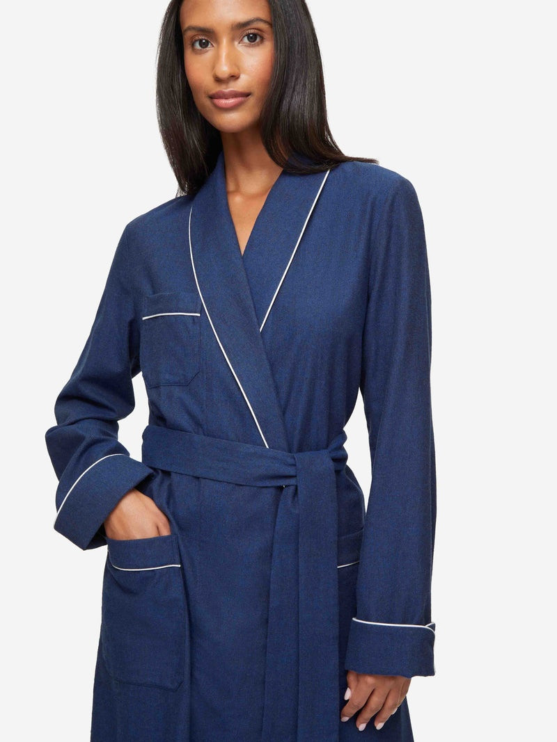 Women's Long Dressing Gown Balmoral 3 Brushed Cotton Navy 2