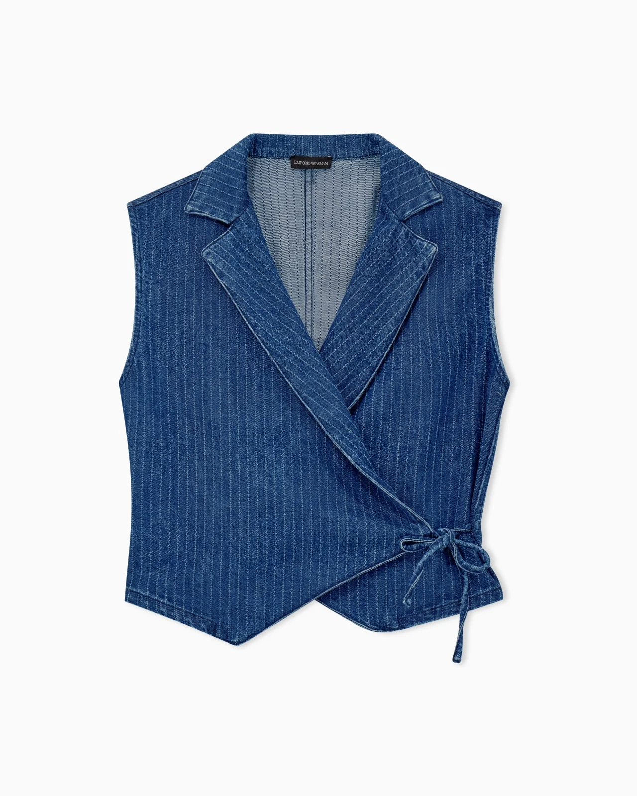 PINSTRIPED DENIM WRAP WAISTCOAT WITH LAPELS AND A SIDE TIE - 1