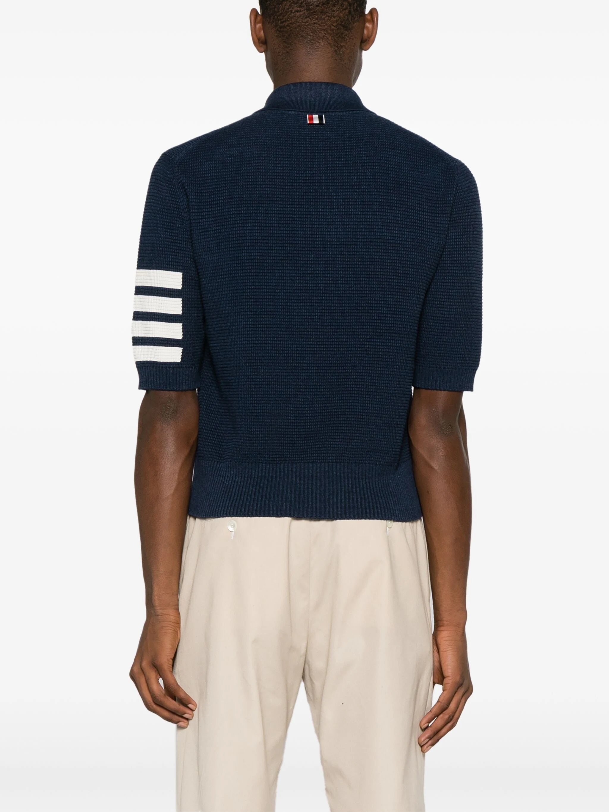 THOM BROWNE Men Textured Stitch Relaxed Fit SS Polo In Linen Cotton Blend W/4 Bar Stripes Intarsia - 3