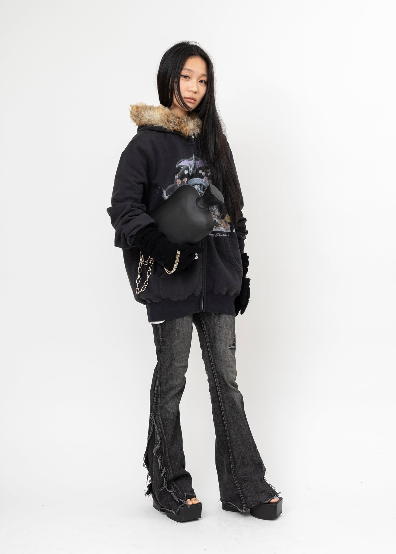 BLACK DOUBLET FURRY COLLAR ZIP-UP HOODIE - 5