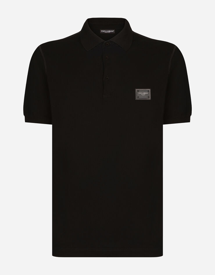 Cotton piqué polo-shirt with branded plate - 1