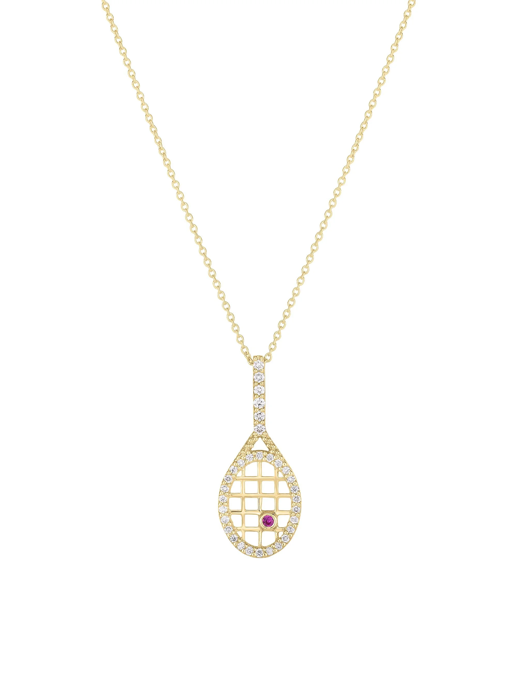 Women's Tiny Treasures 18K Gold, Diamond & Ruby Tennis Racket Necklace - Yellow Gold - 1