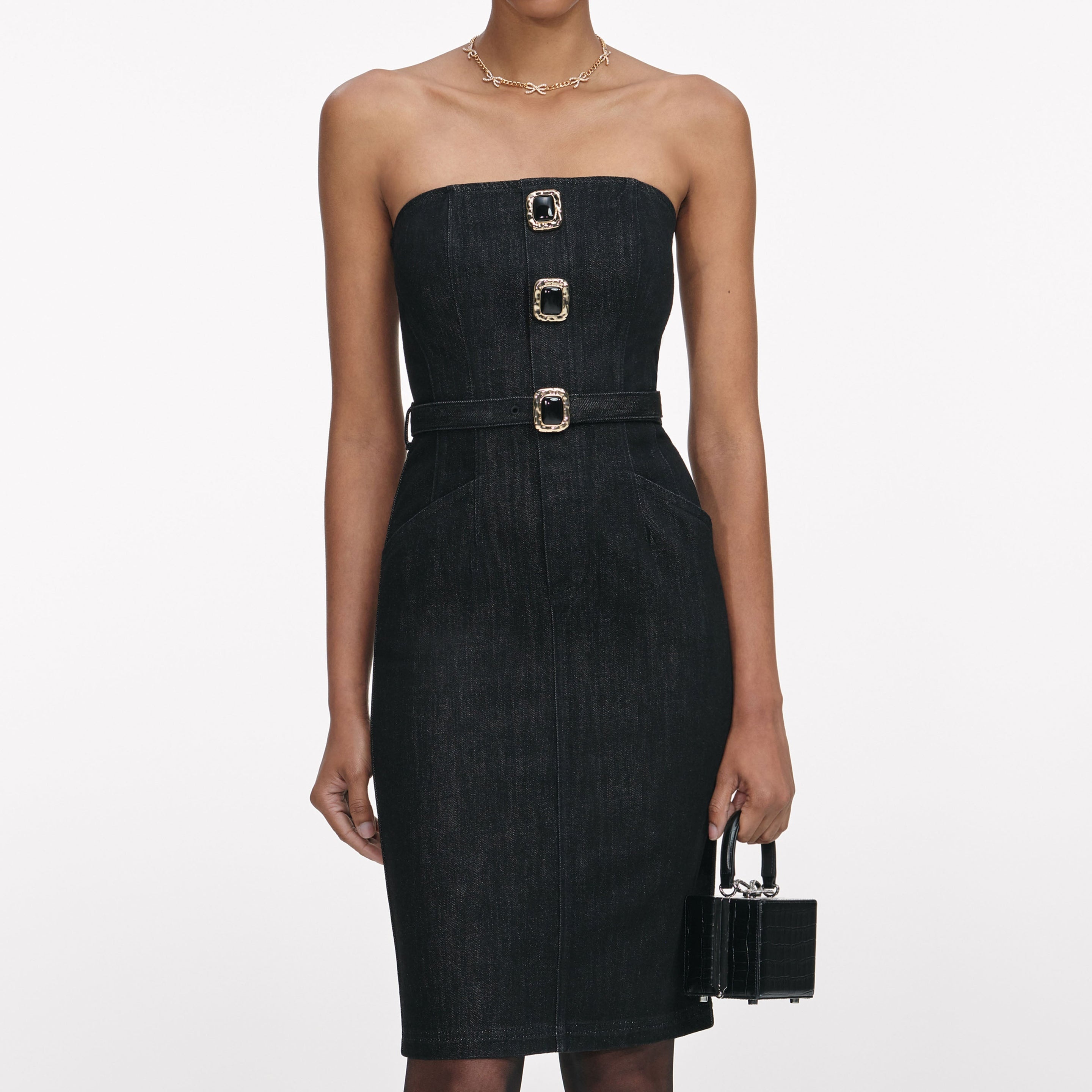 Black Denim Bandeau Midi Dress - 4