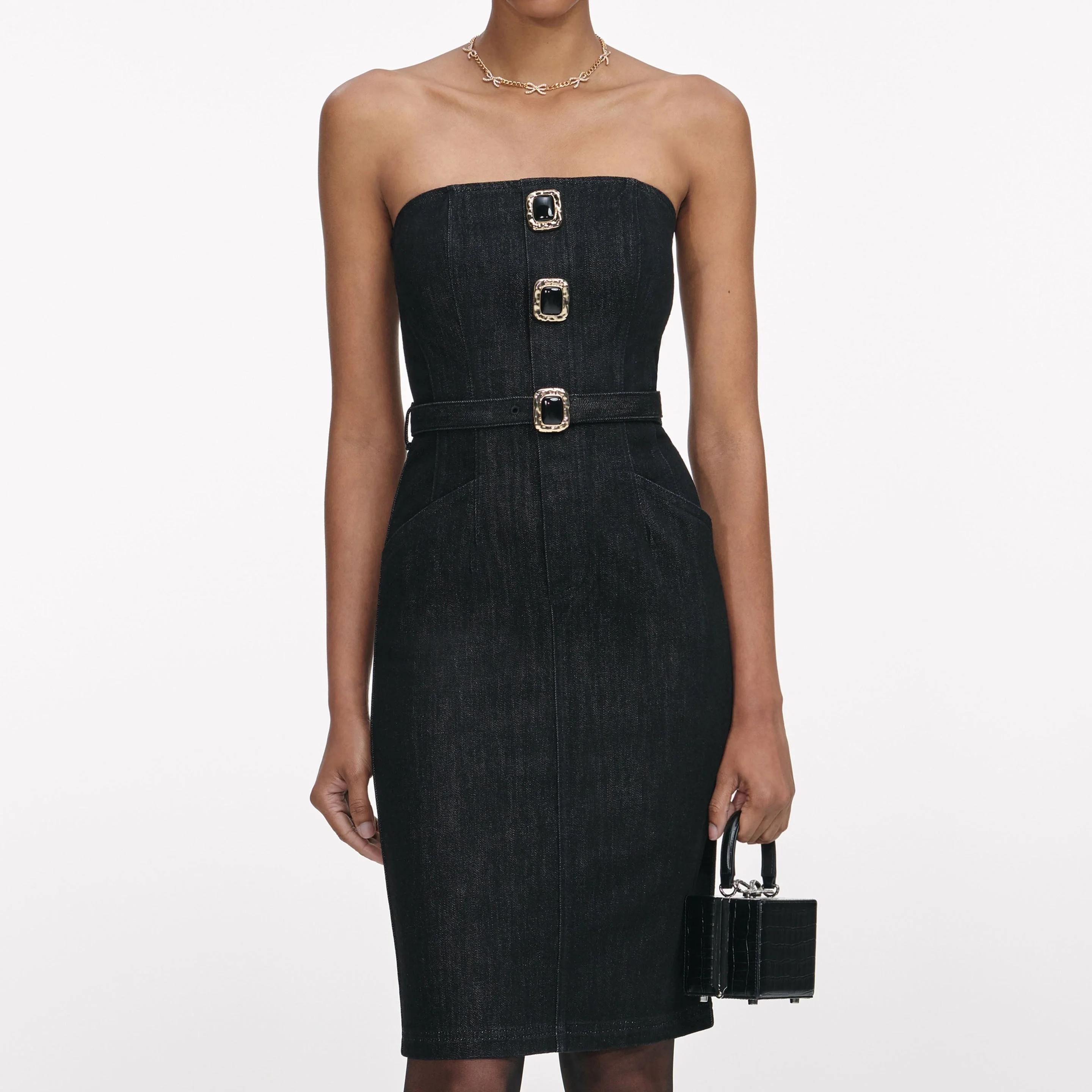 white christmas dresses Black Denim Bandeau Mini Dress – self-portrait main image 1