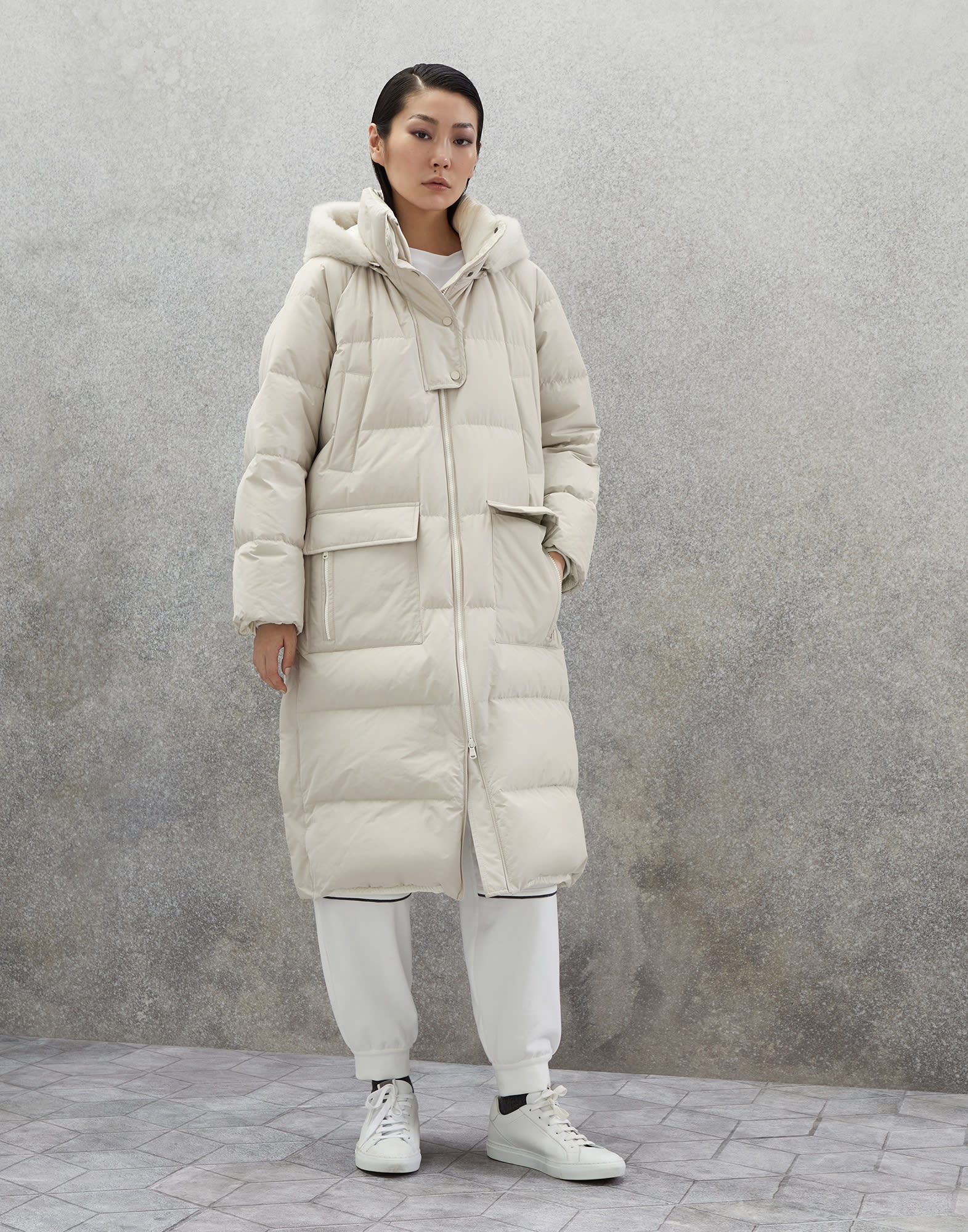 Water-resistant taffeta down coat with monili and detachable cashmere  shearling hood