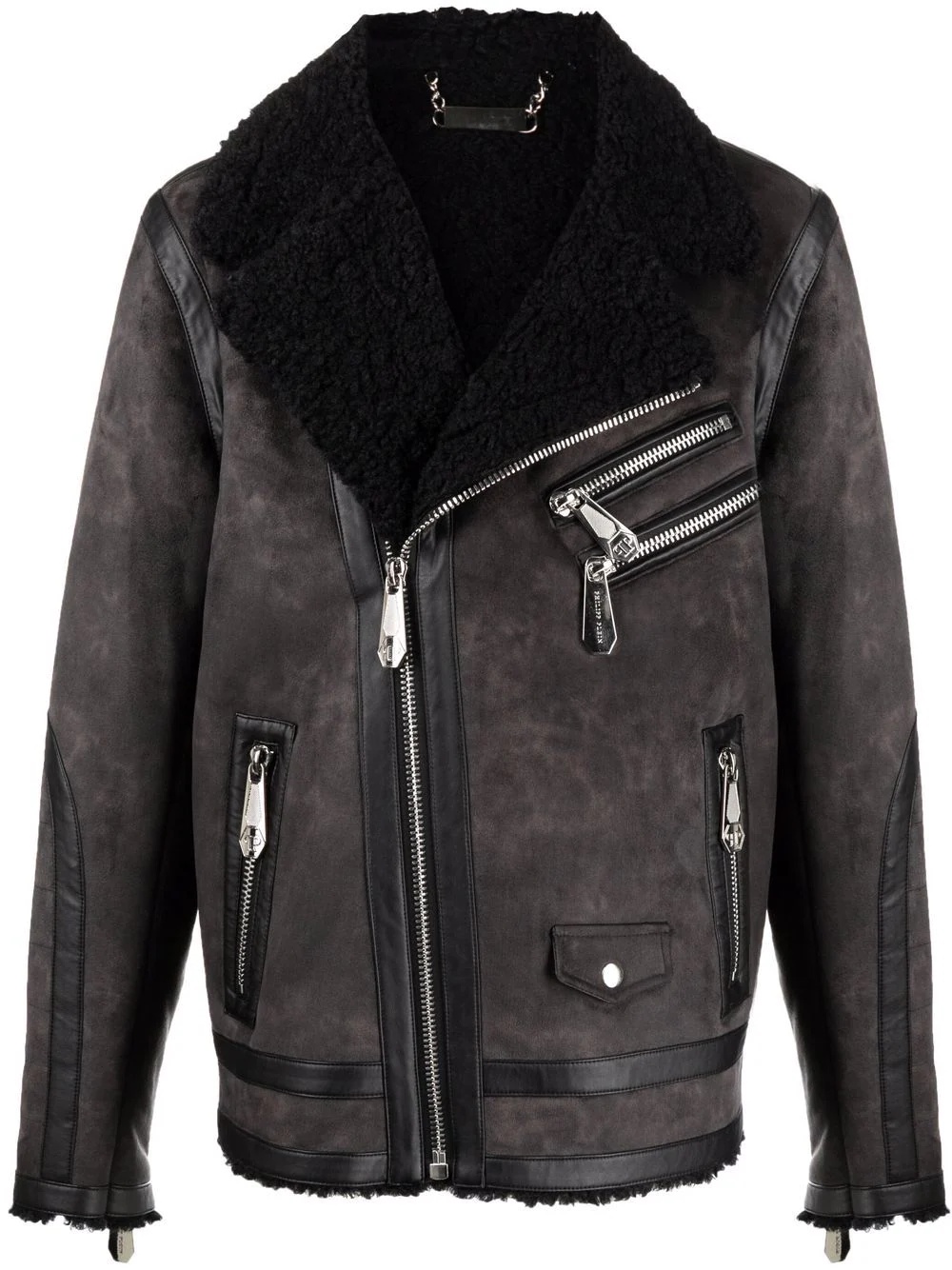 shearling-trim suede biker jacket - 1