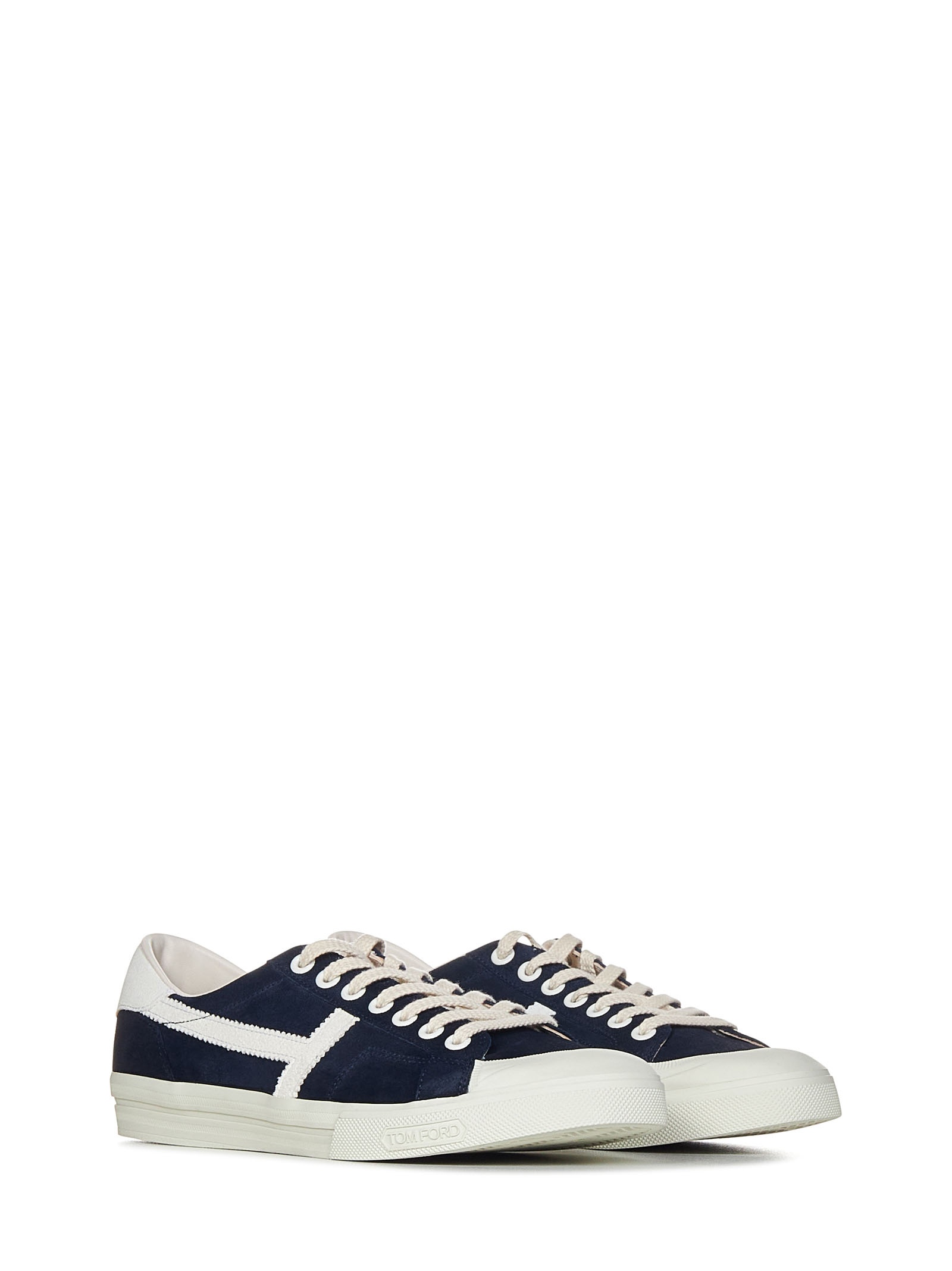 Midnight blue suede low-top sneakers with chalk-colored details and rubber sole. - 2