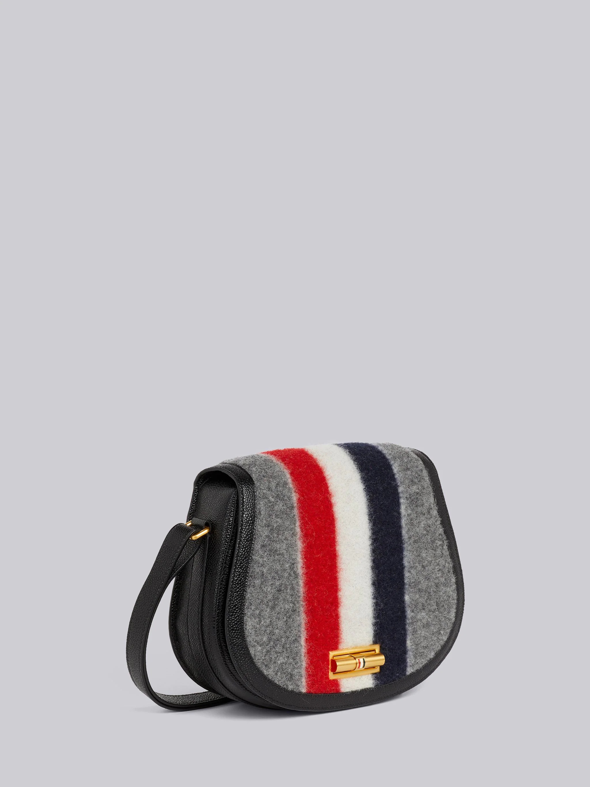 Medium Grey Boiled Wool Leather Frame Stripe Enamel Lock Shoulder Bag - 3