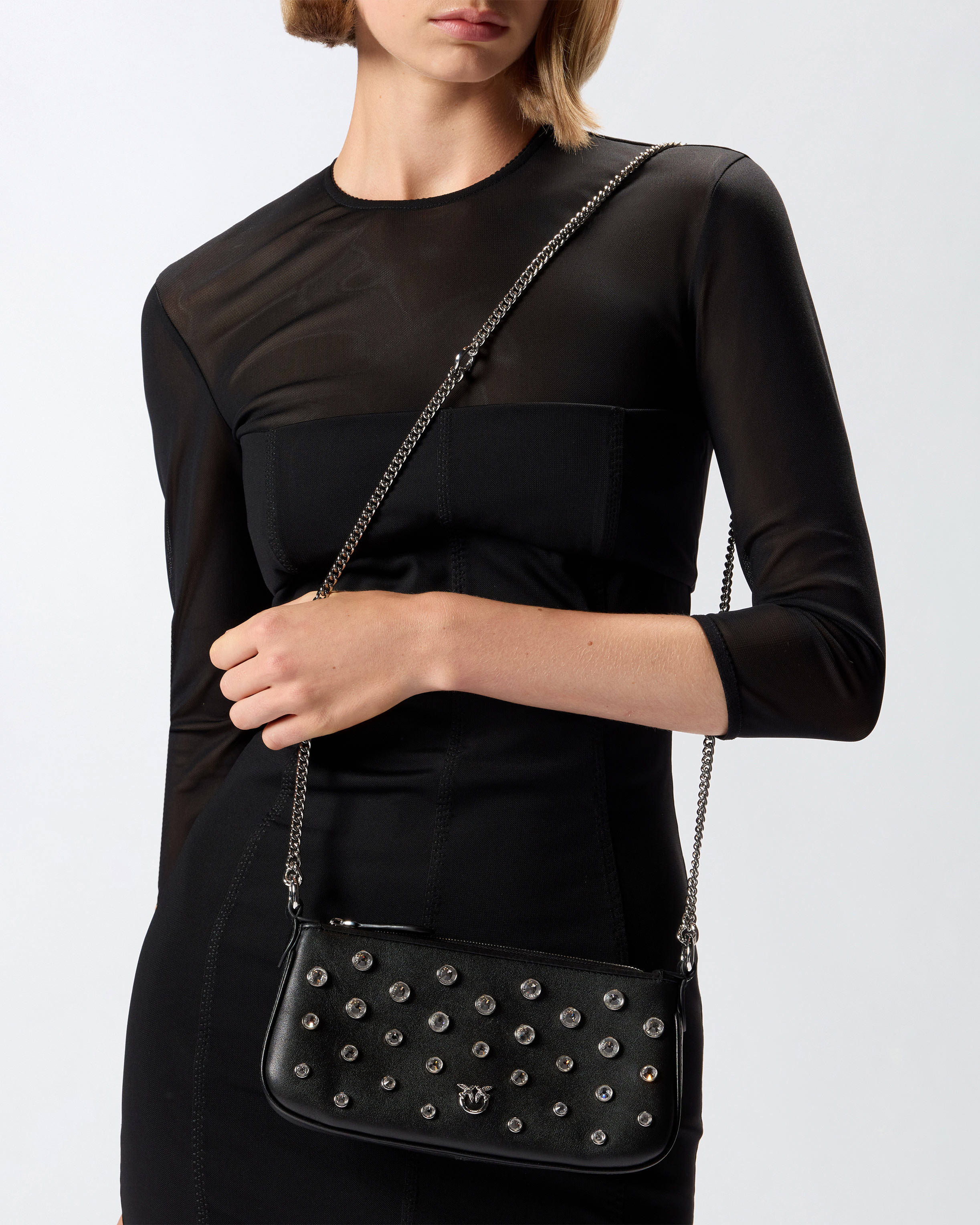 MINI HALF MOON BAGUETTE LEATHER SHOULDER BAG WITH RHINESTONES - 6