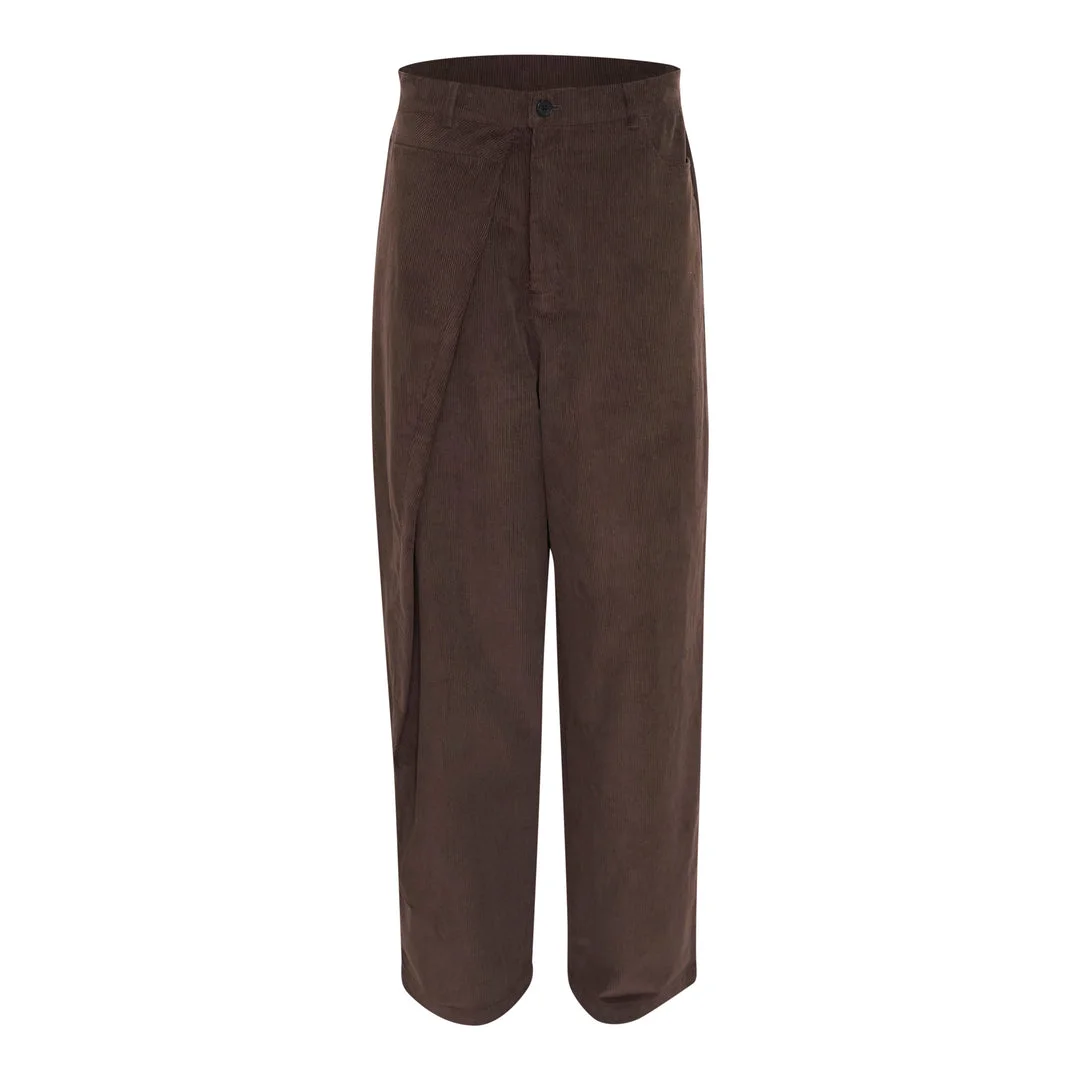 Asymmetric Tuck Baggy Corduroy Pants - 1