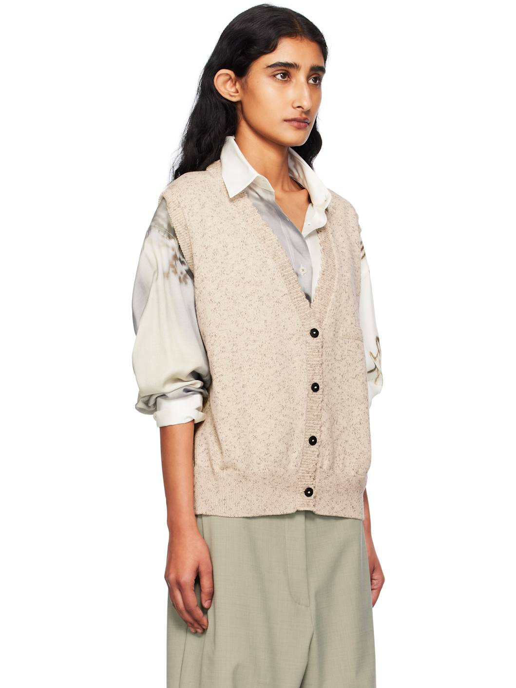 Beige Flecked Cotton Waistcoat Cardigan - 2