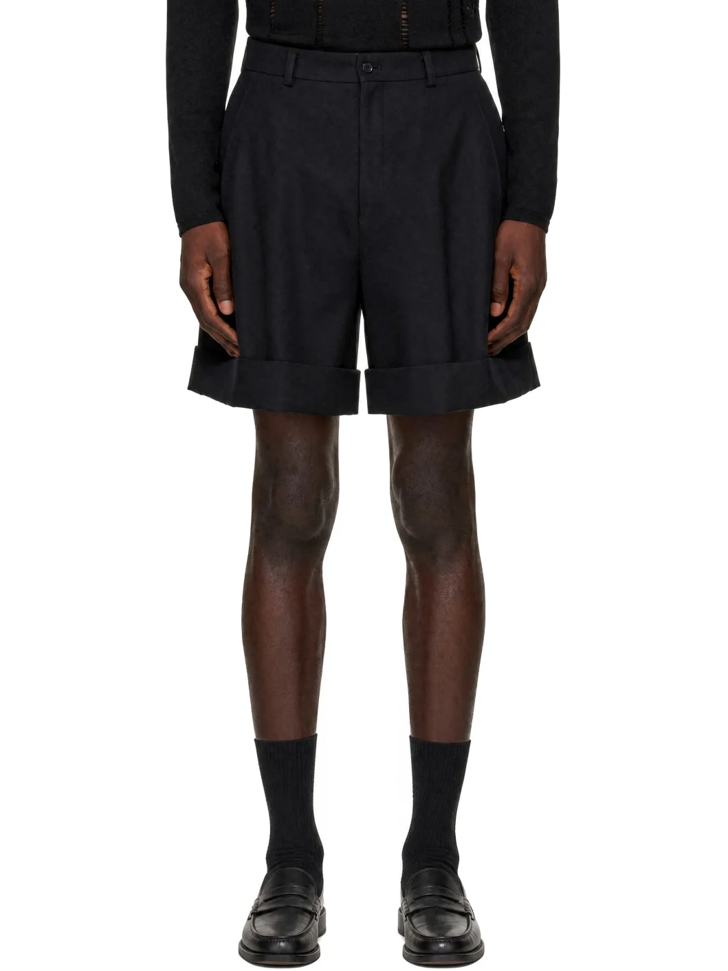 Black Double Weave Wool Hard Treated Shorts - 1