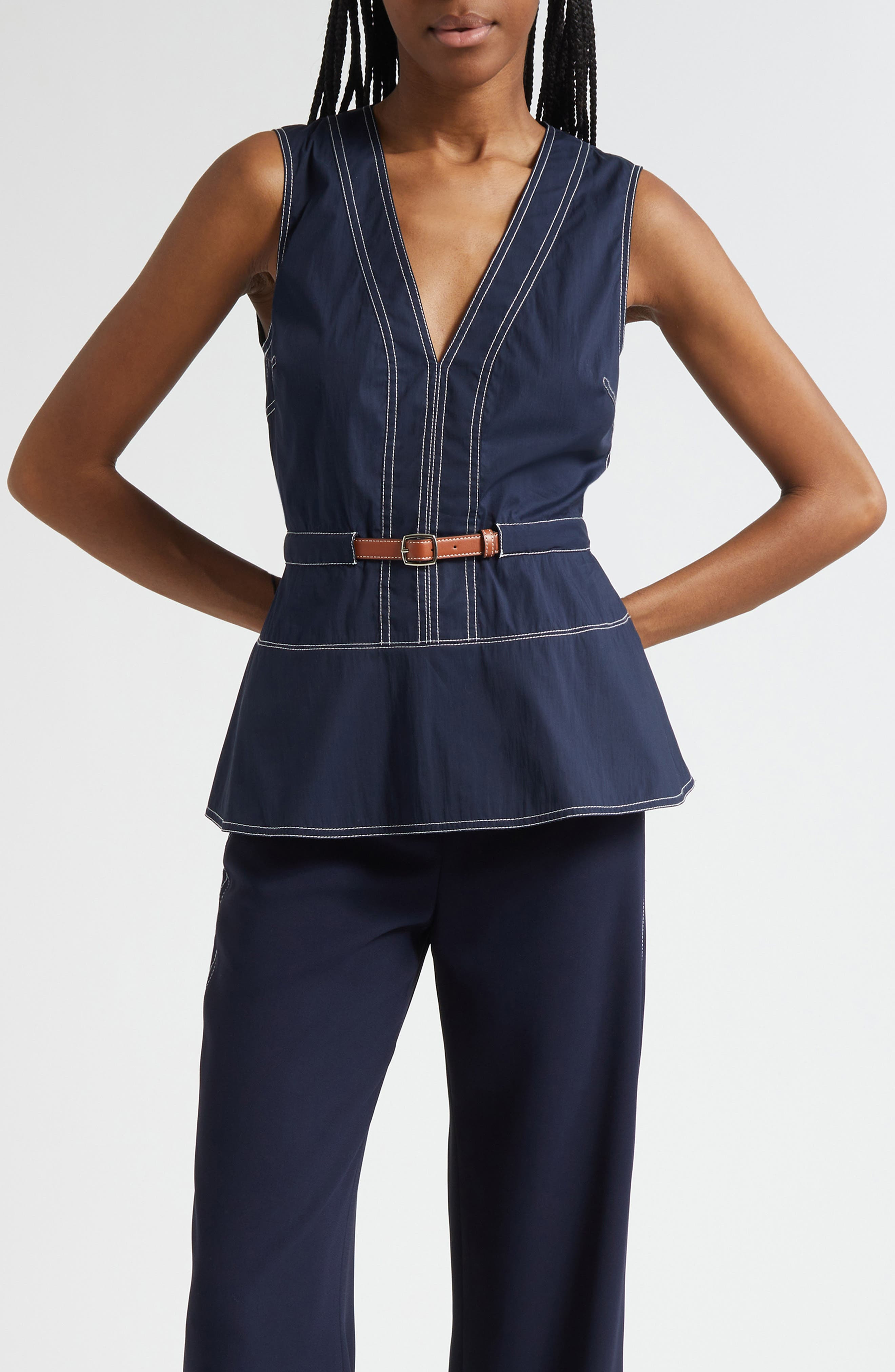 Veronica Beard Nickleby Topstitch Detail Sleeveless Cotton Blend Top in Navy at Nordstrom - 1