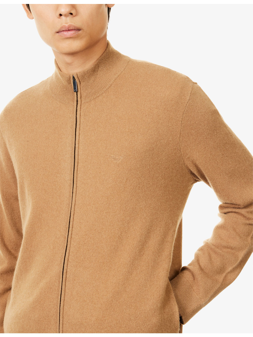 Funnel-Neck Embroidered-Logo Cashmere-Knit Cardigan - 5