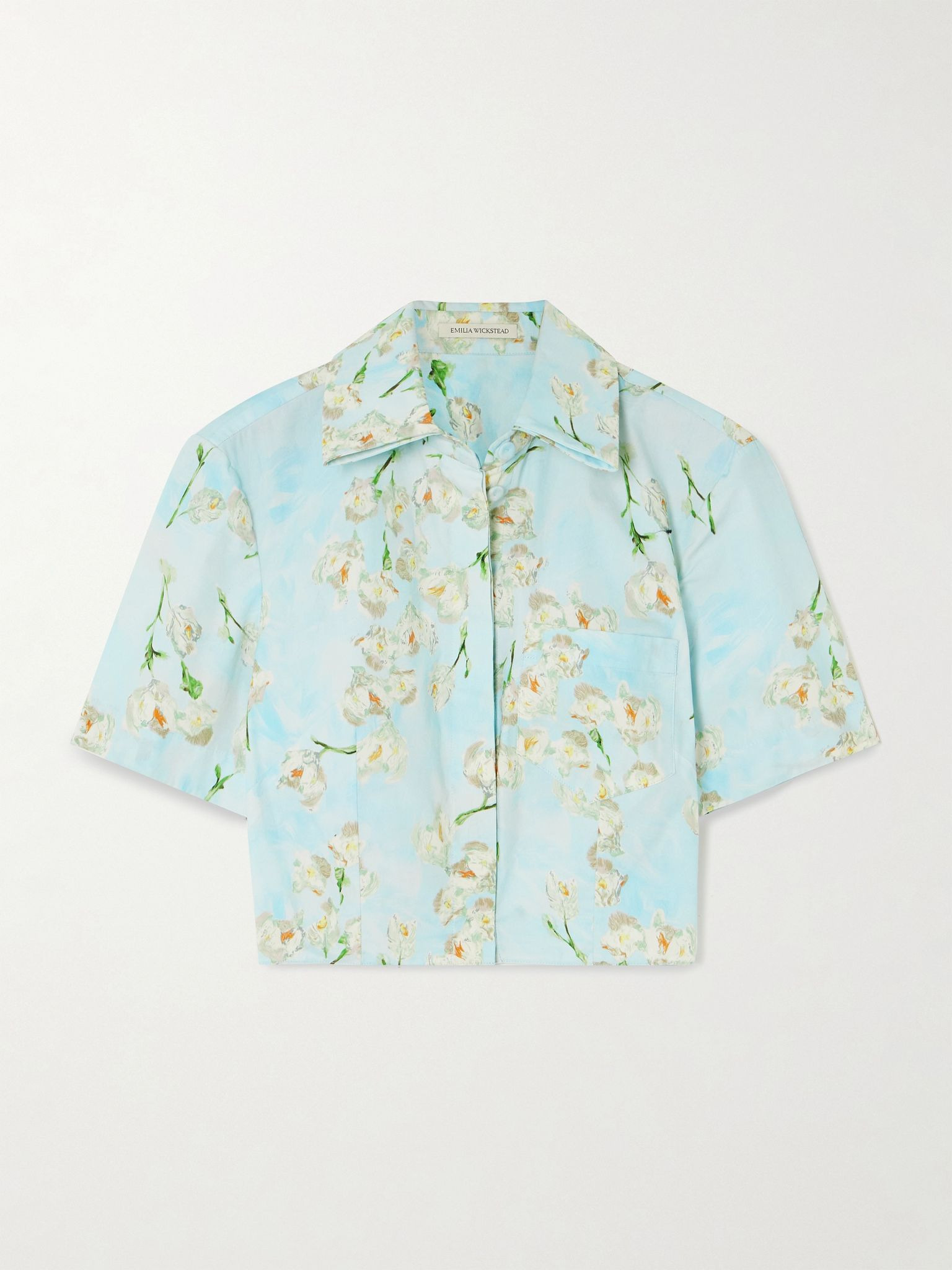 Natalie cropped floral-print cotton-poplin shirt Blue - 1