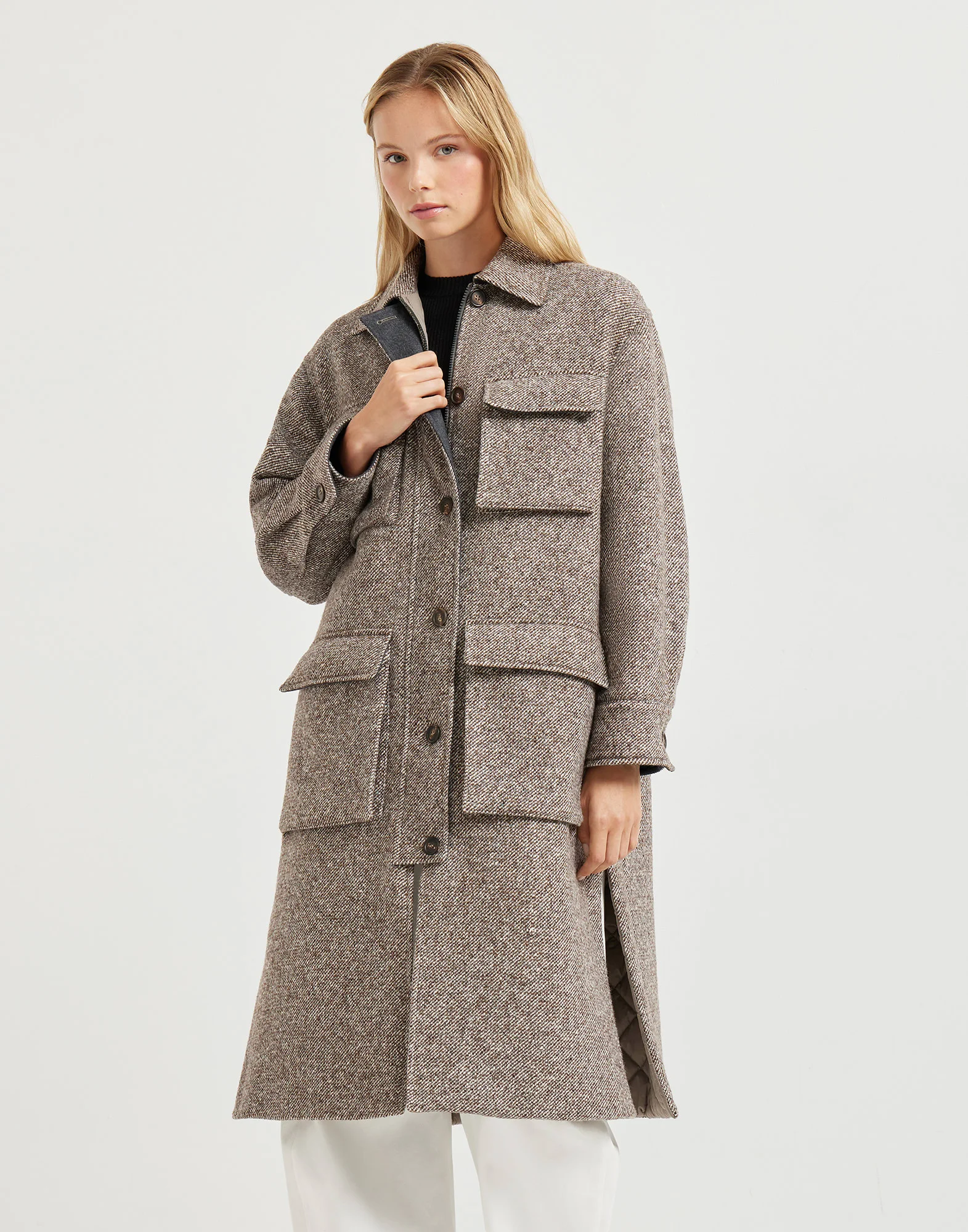 Virgin wool and silk mélange diagonal coat with Thermore® padding and monili - 1