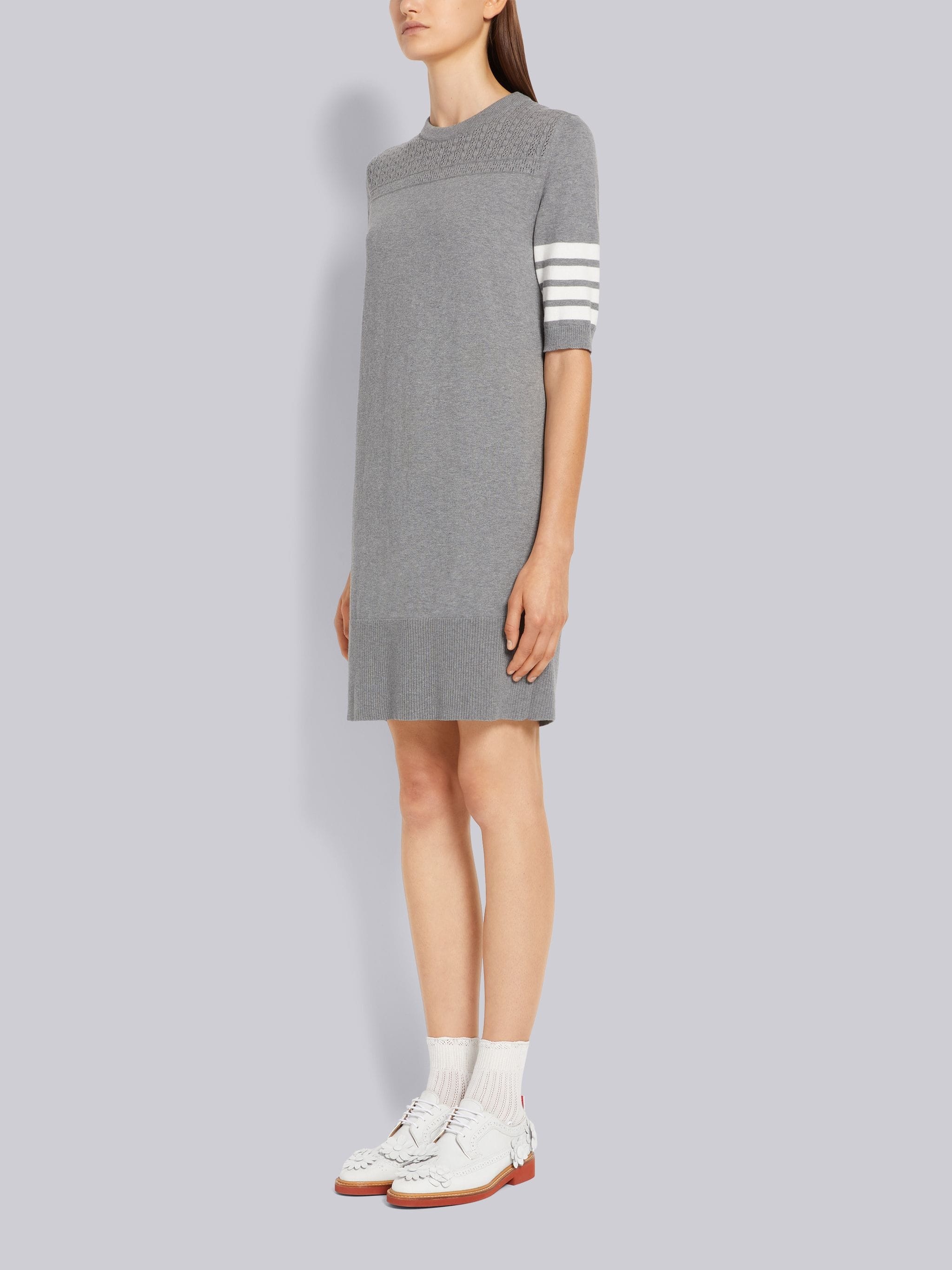 Light Grey Cotton Hector Medallion 4-Bar Short Sleeve Mini Dress - 2