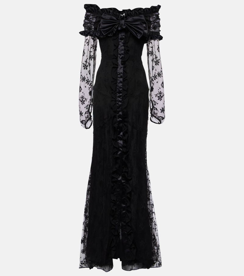 Bow-detail ruffled off-shoulder lace gown 1