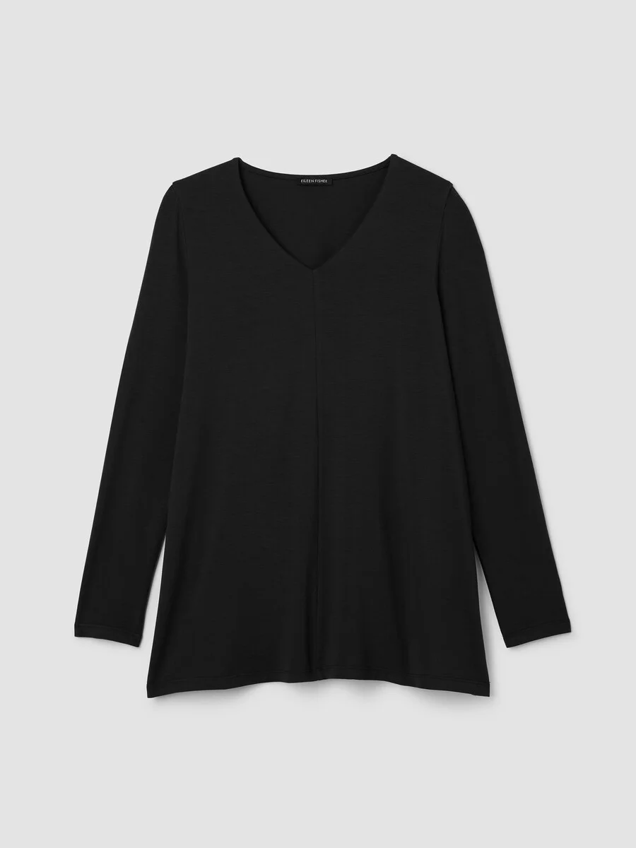 Fine Stretch Jersey Knit V-Neck Long Top - 1