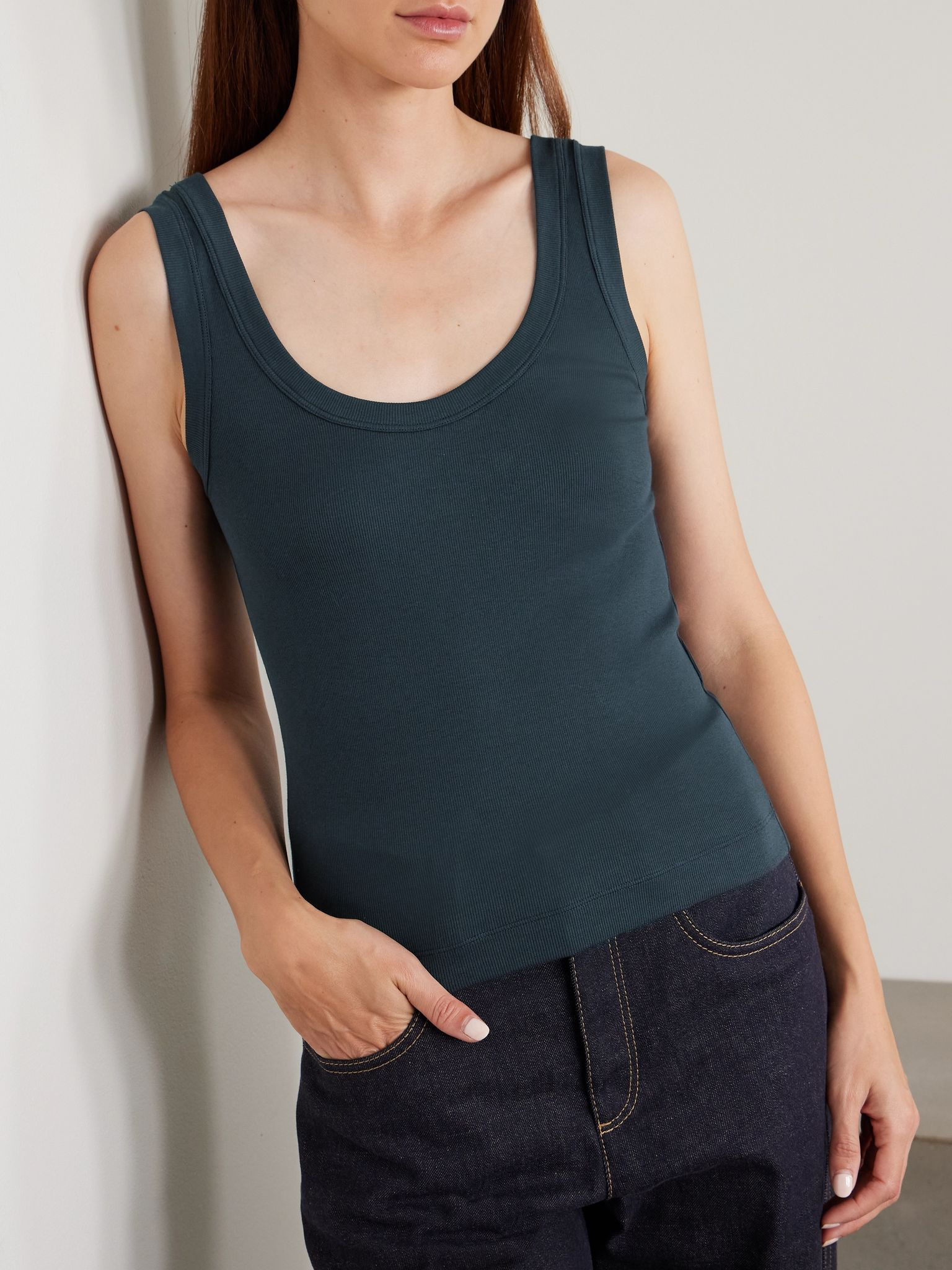 Ribbed cotton-blend jersey tank Navy - 3