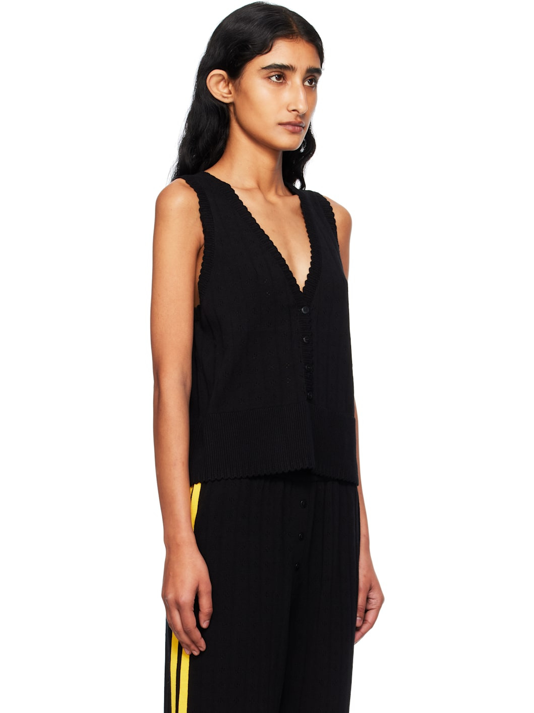 Black Organic Cotton Pointelle Waistcoat Cardigan - 2