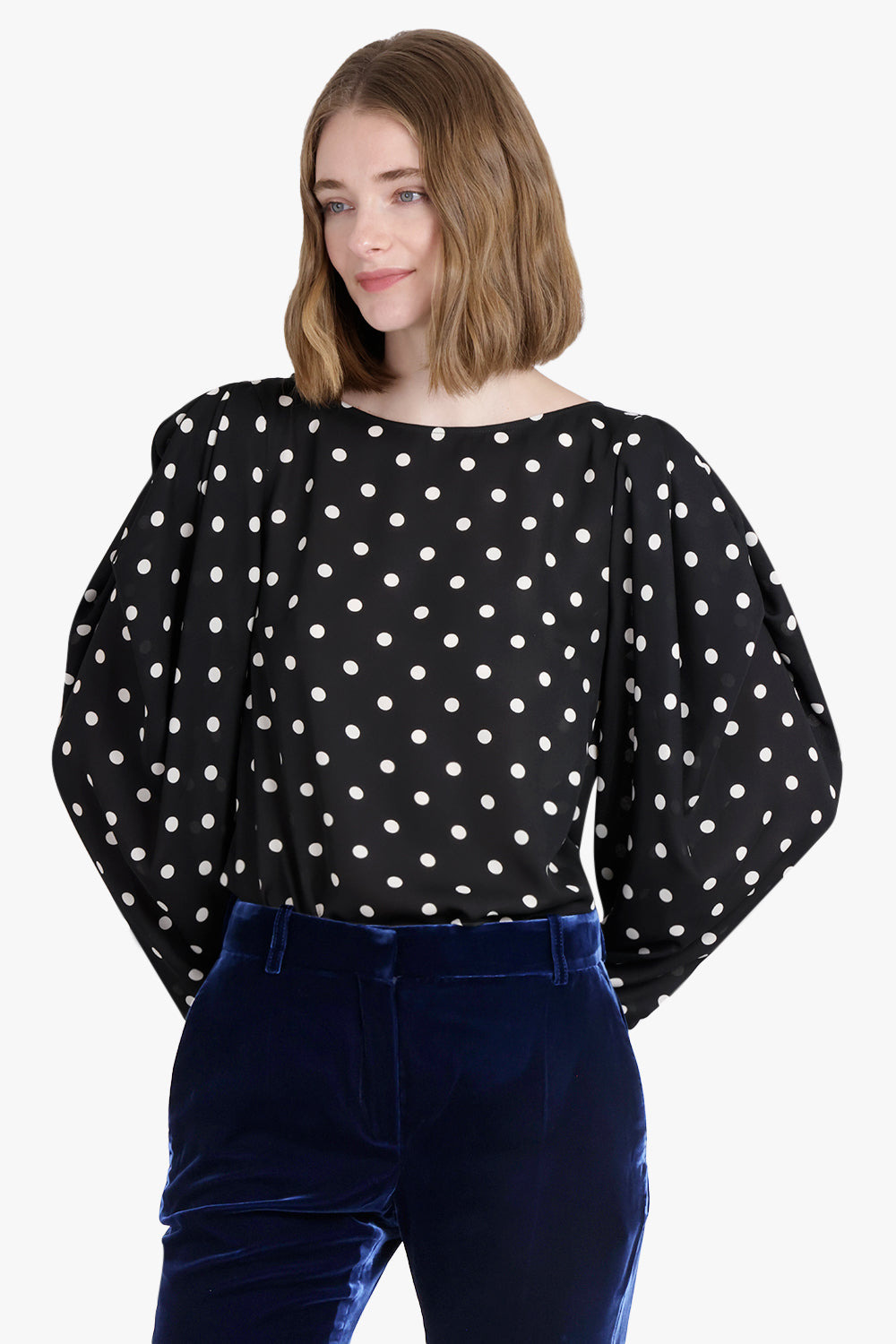 POLKA DOT PRINT GATHERED L/S TOP | BLACK/WHITE - 2