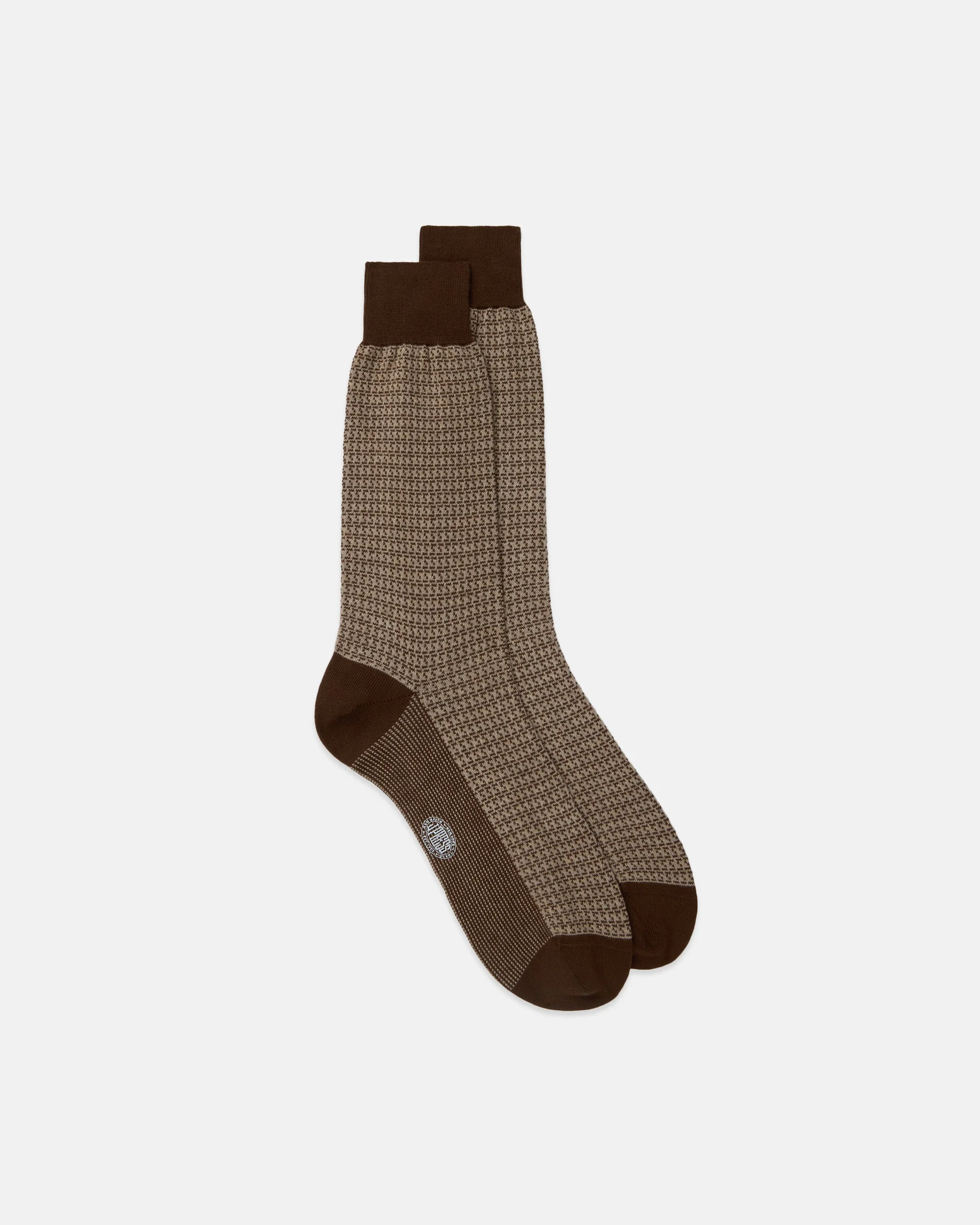 MADE-IN-ITALY TAN HOUNDSTOOTH COTTON MID-CALF SOCKS - 1
