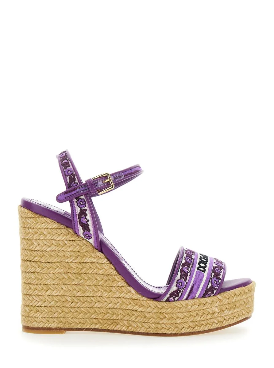 Dolce & Gabbana Violet Wedges With Logo Embroidery On The Front And All-Over Majolica Motif In Cotto - 1