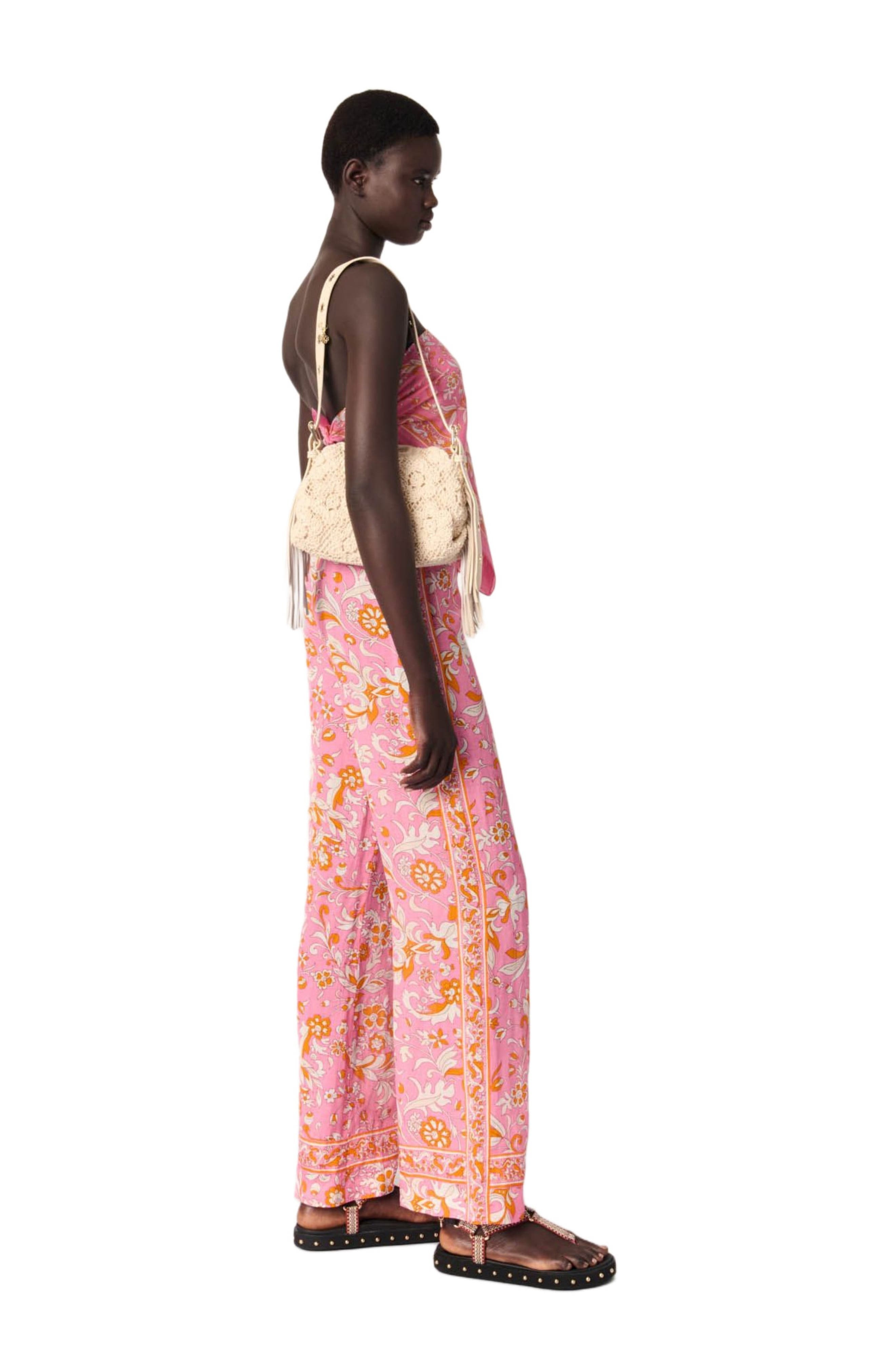 maje Patterned linen trousers in Orange Pink Flowers Print at Nordstrom - 4