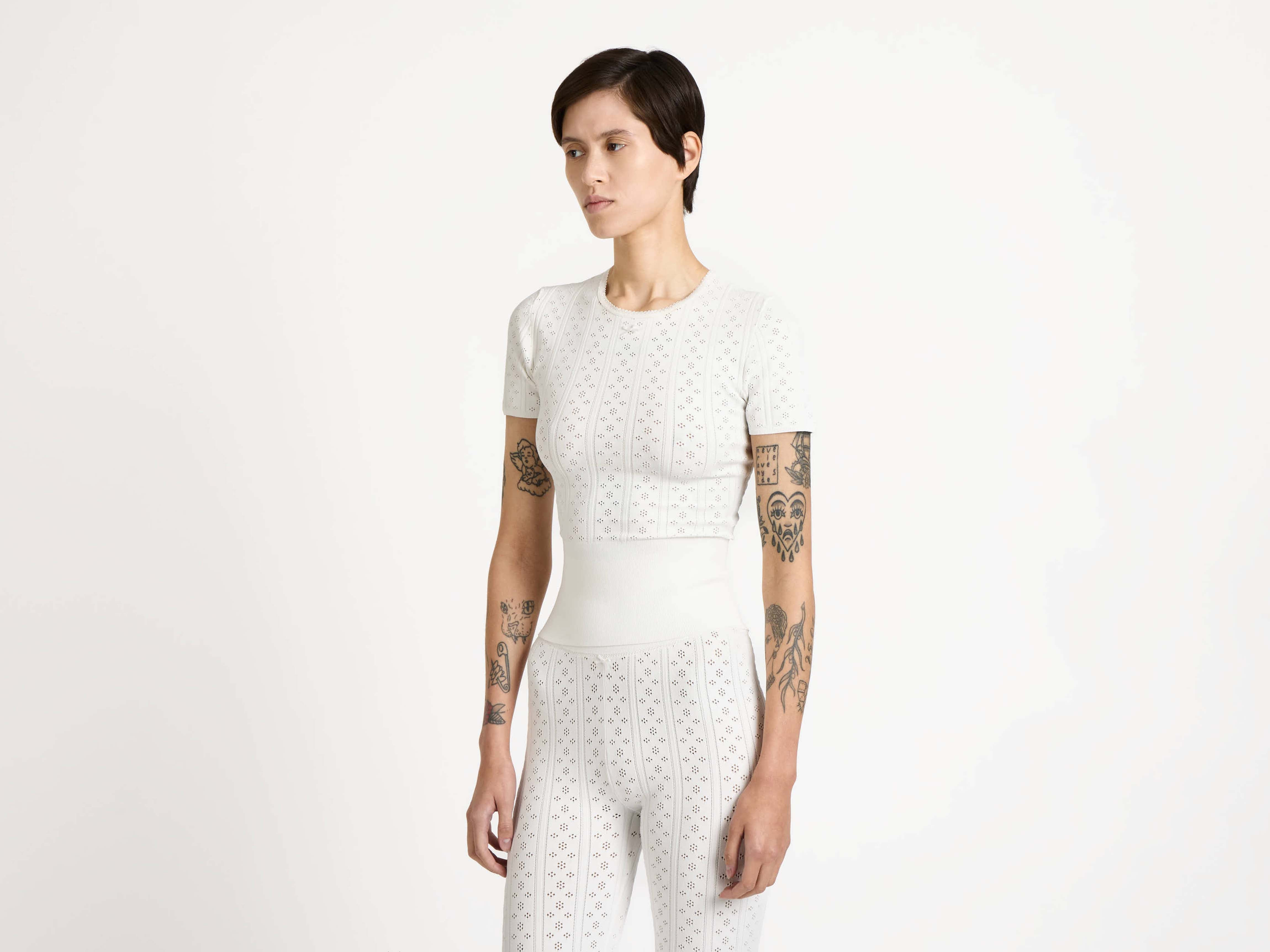 KNITTED POINTELLE T-SHIRT IN WHITE - 5