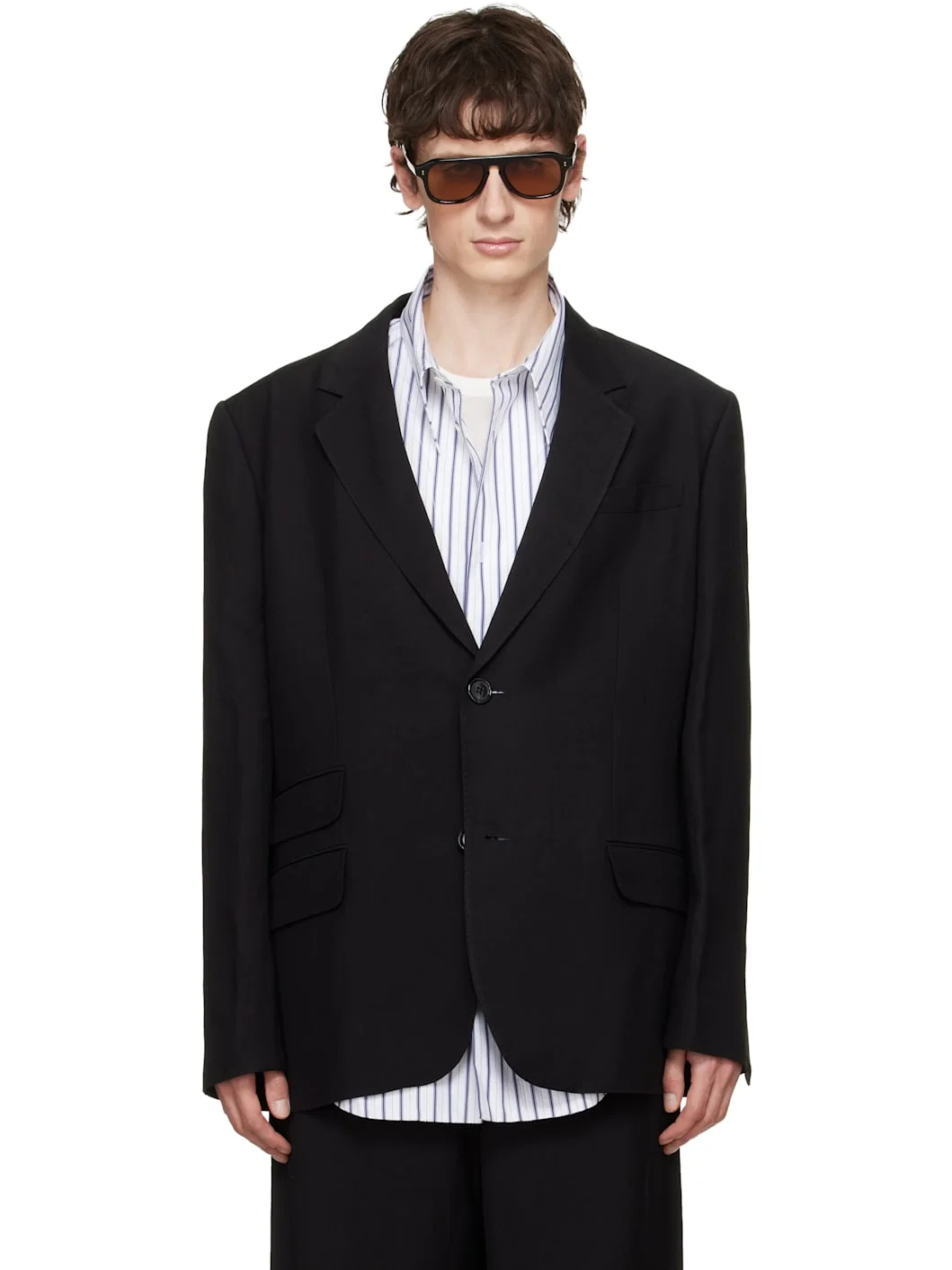Black Linen Blend Single-Breasted Straight Blazer - 1