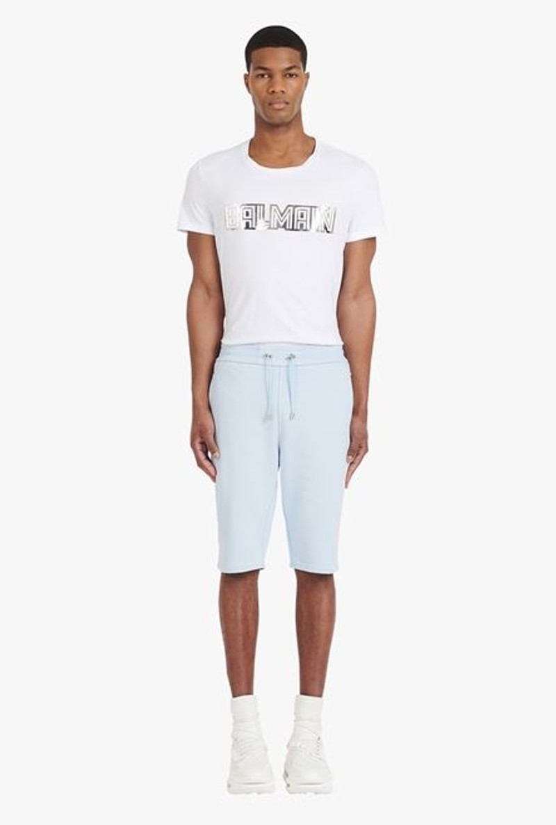 Pale blue eco-designed cotton shorts with flocked white Balmain Paris logo 4