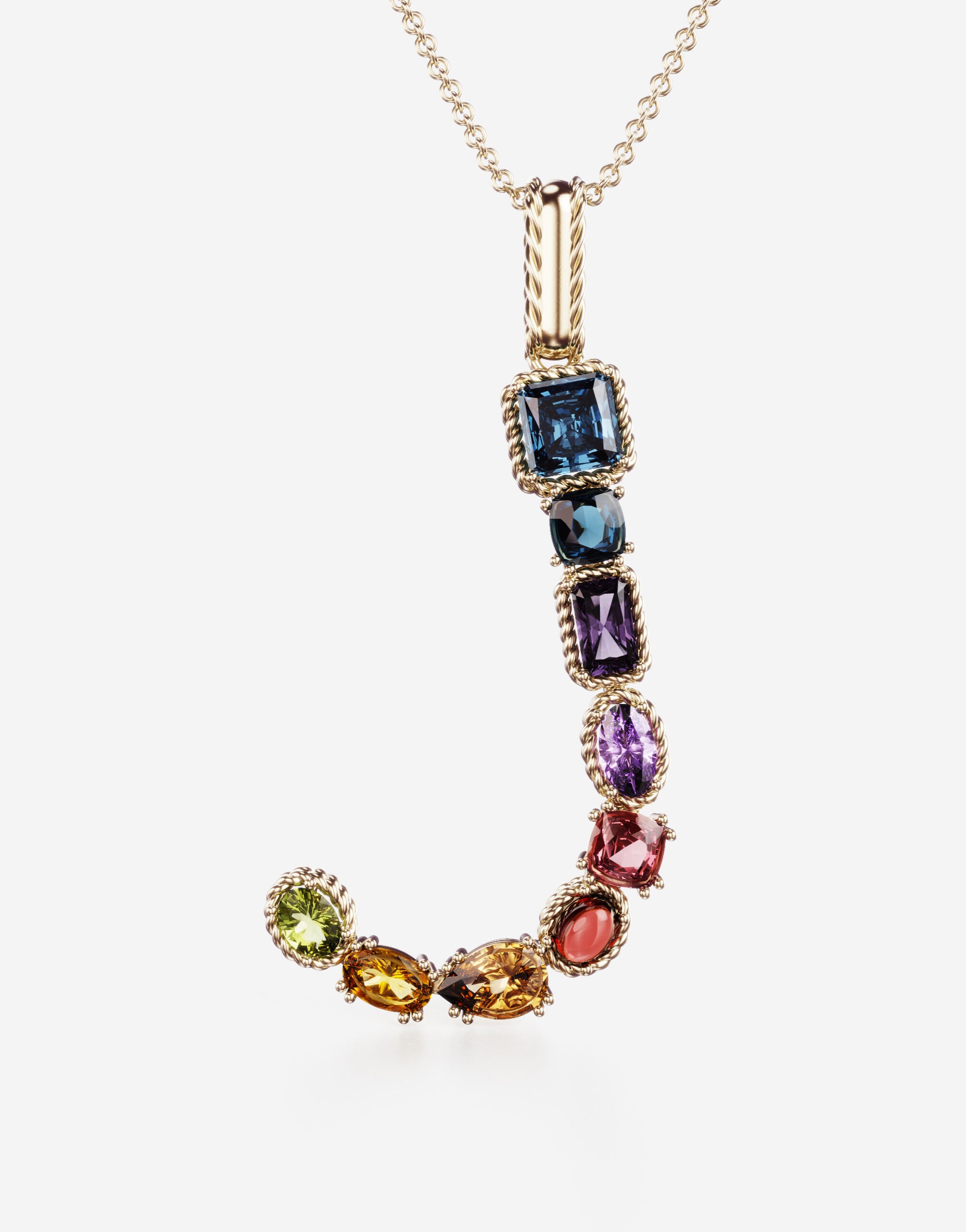 Rainbow alphabet J pendant in yellow gold with multicolor fine gems - 2