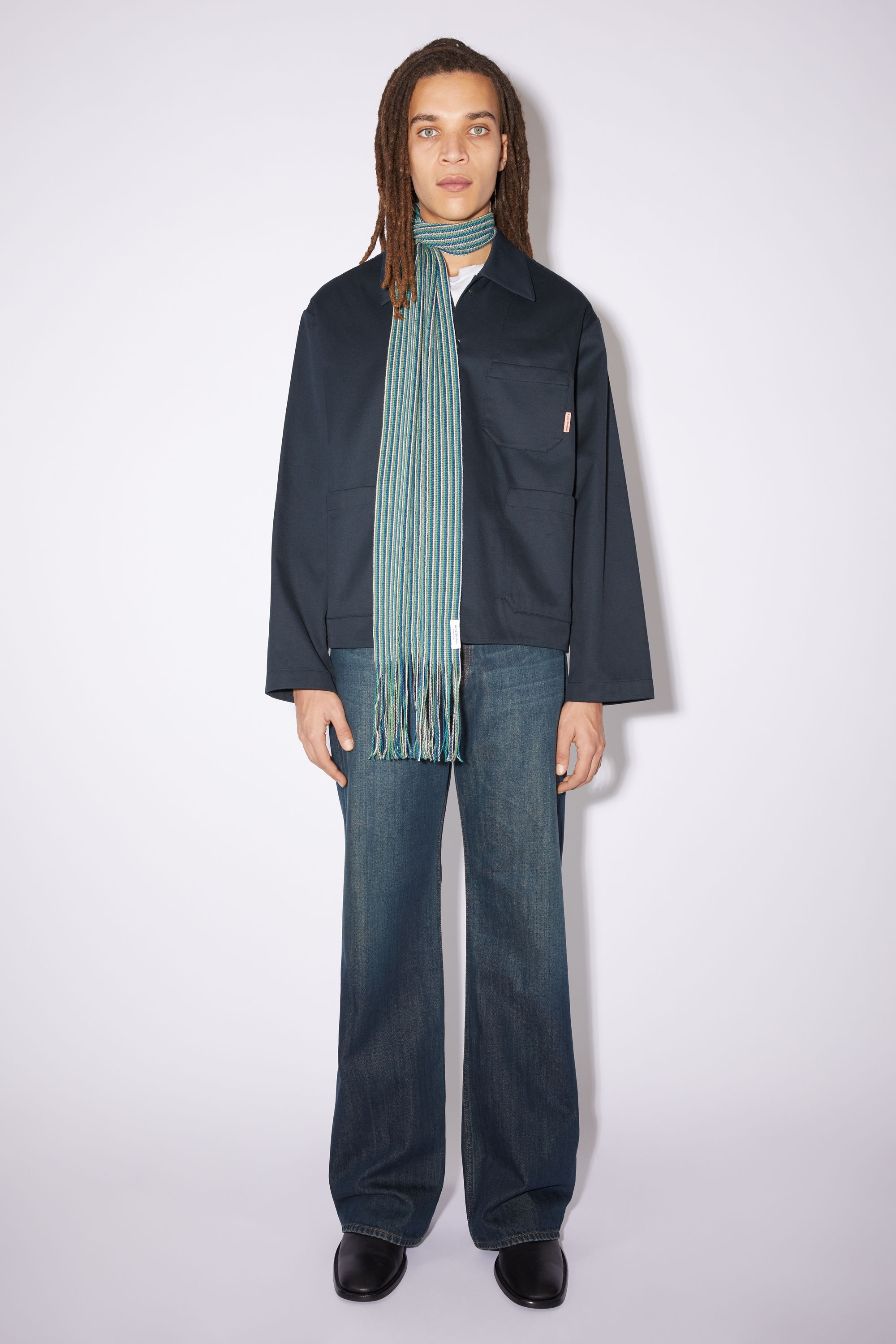Striped long slim scarf - Petrol blue/green/white - 3