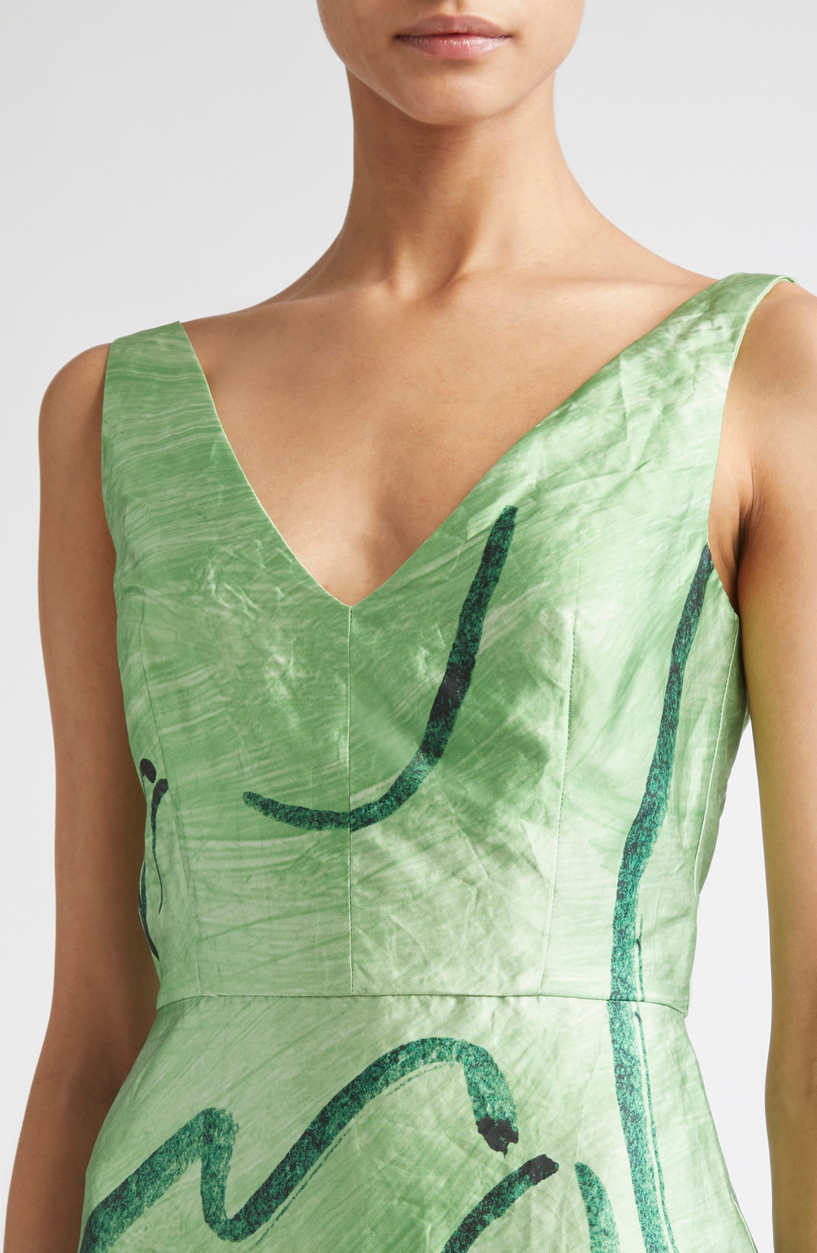 Erdem Sleeveless Crinkled Metallic Satin Cocktail Dress in Abstract Dreamer Clover Green at Nordstro - 4