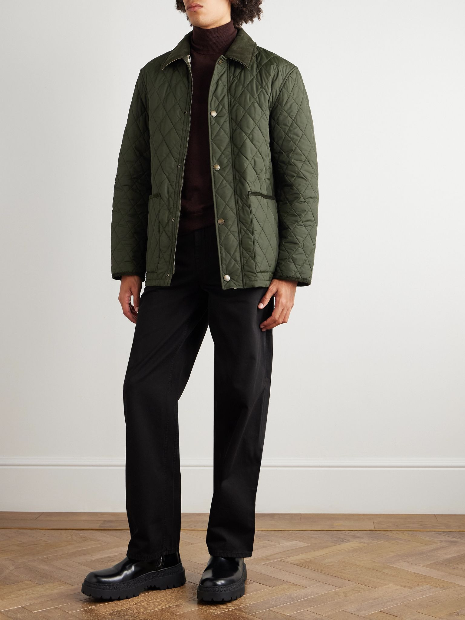 Padded Corduroy-Trimmed Quilted Shell Jacket Green - 2