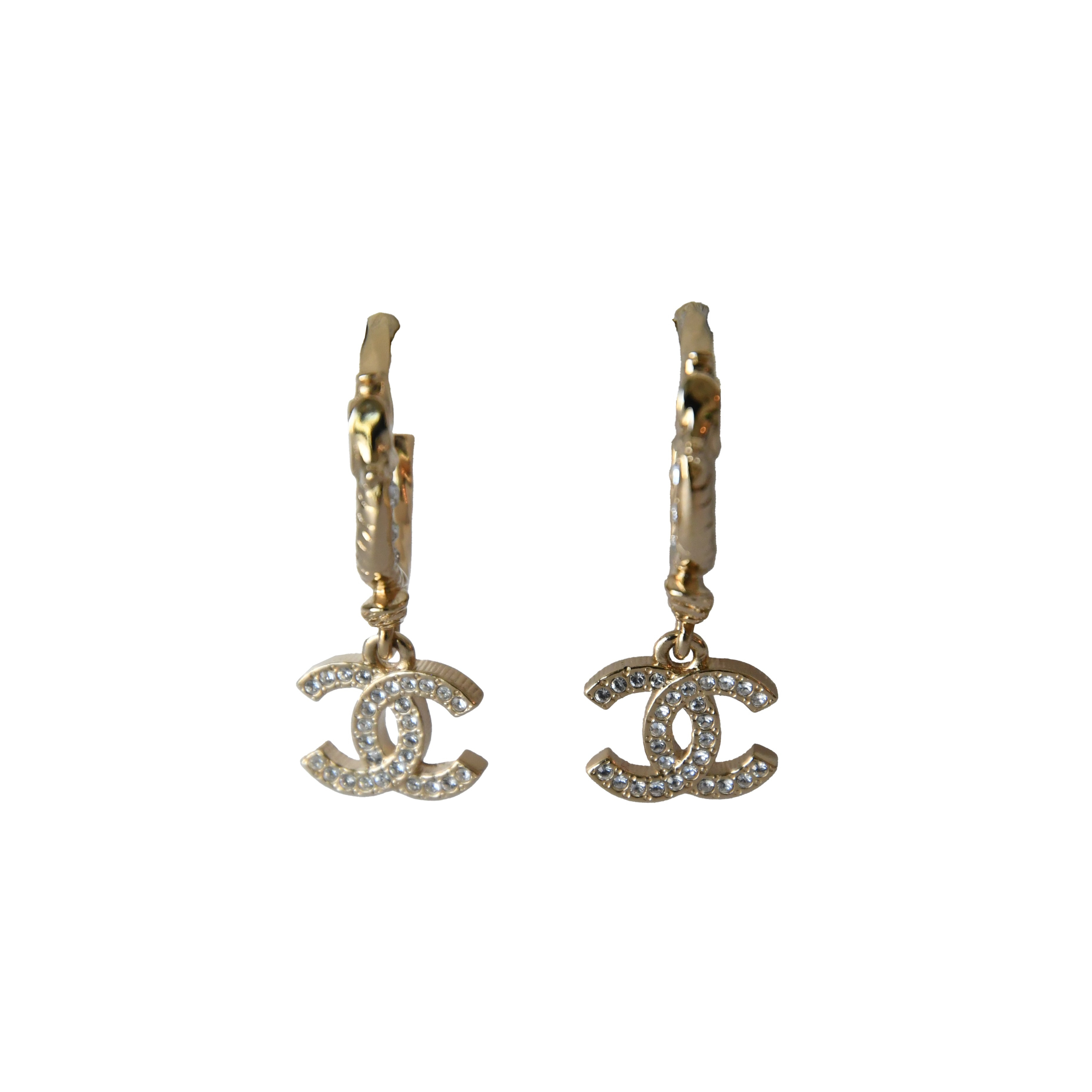 Chanel CC Metal Crystal Strass Studded Hoop Drop Earrings Gold - 2