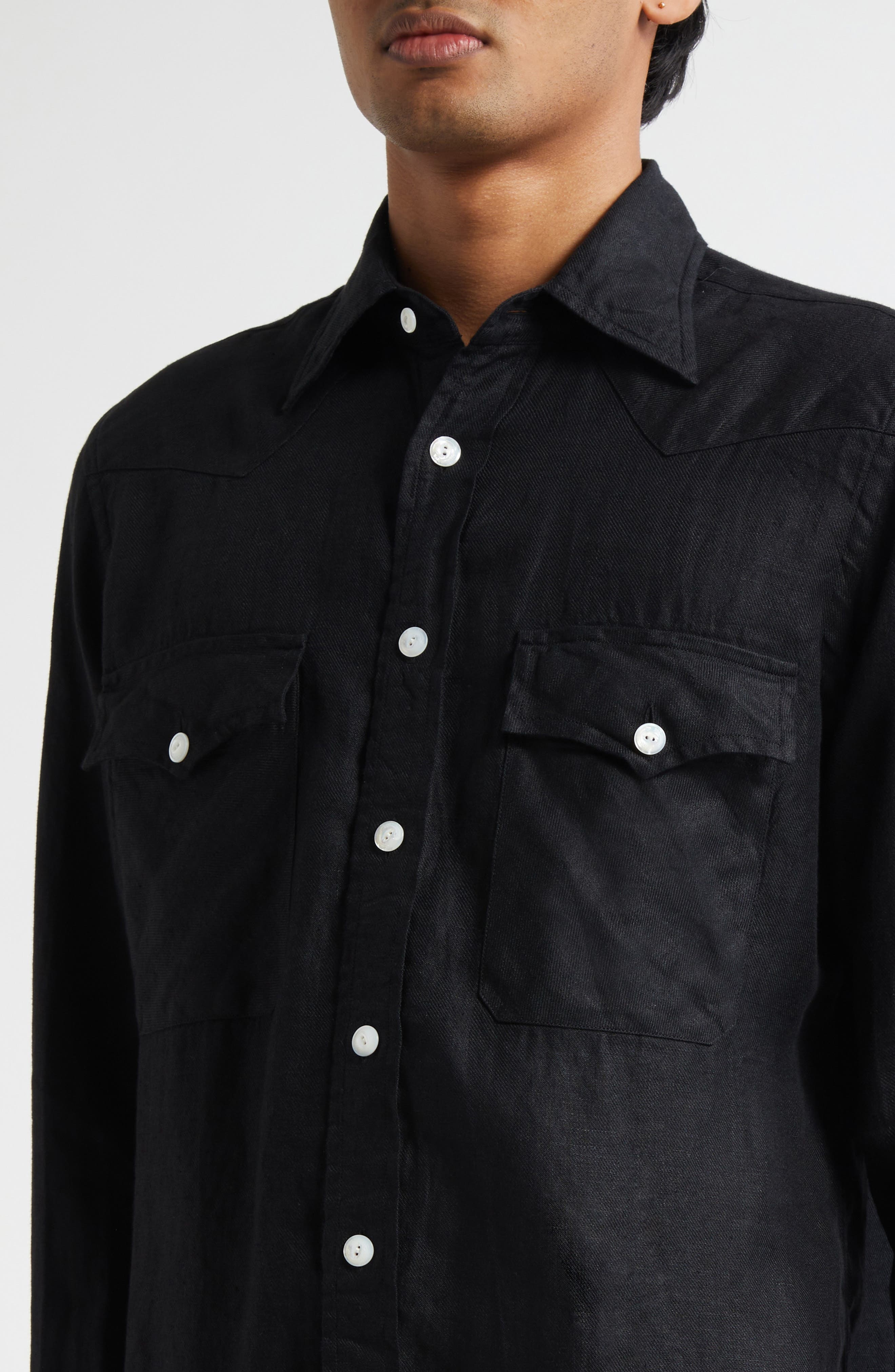 Drake's Linen Twill Western Shirt in 100 Black at Nordstrom - 4