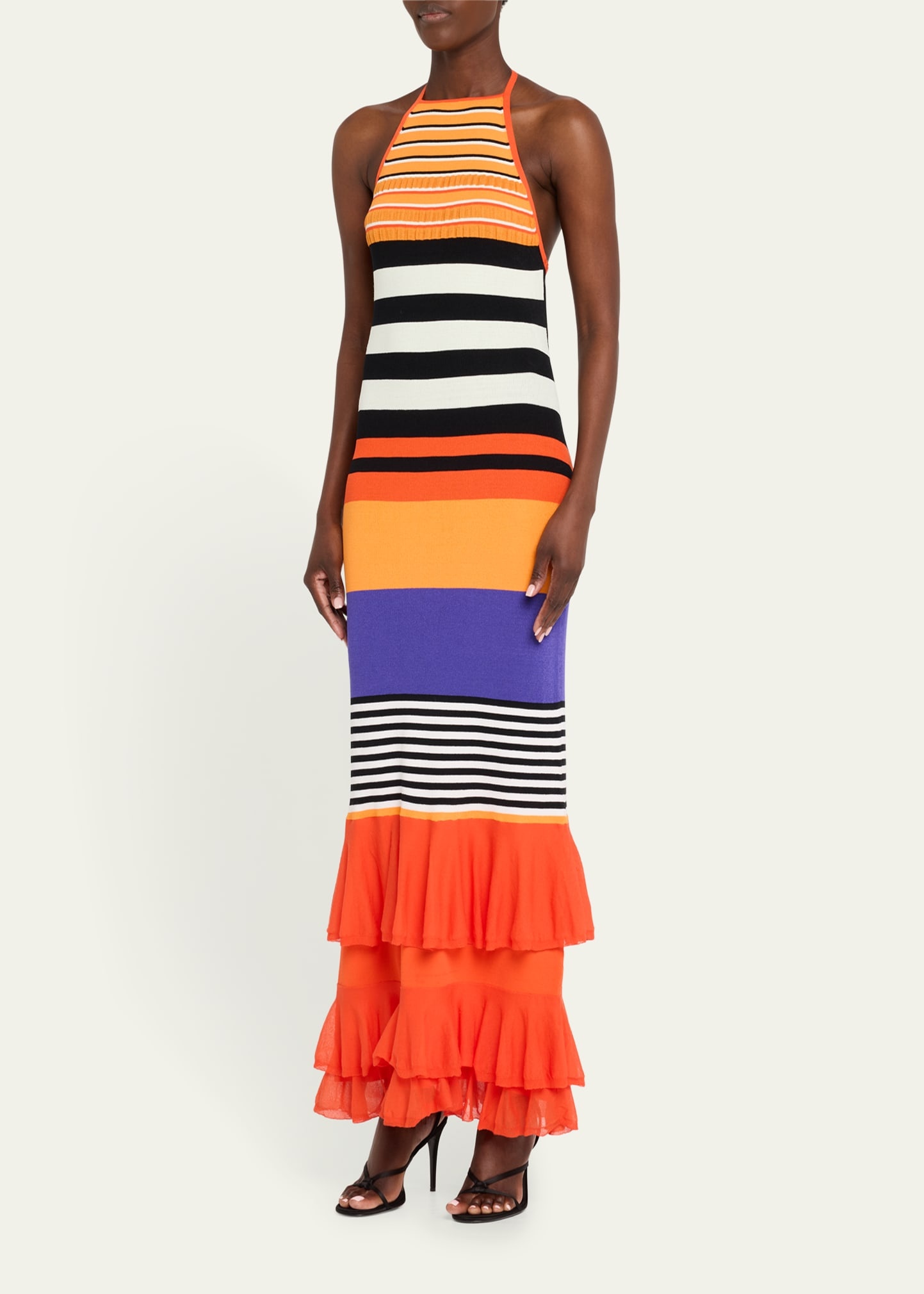 Striped Halter Neck Ruffle Dress - 4