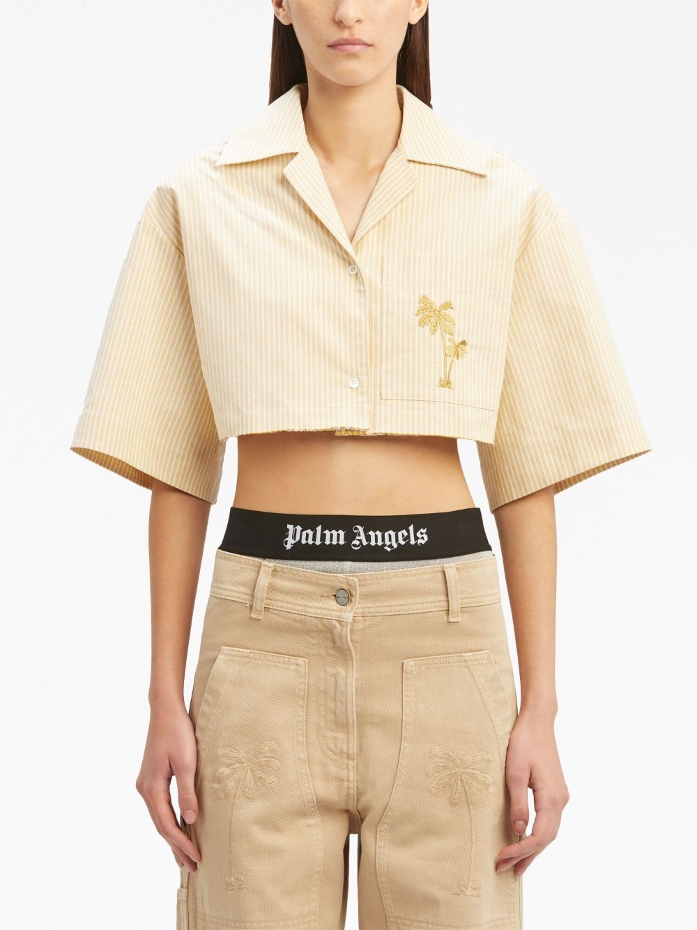embroidered striped cropped cotton shirt - 3