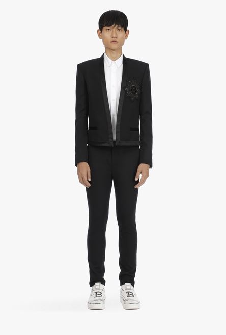 Wool spencer jacket with badge and black satin pointed collar - 4