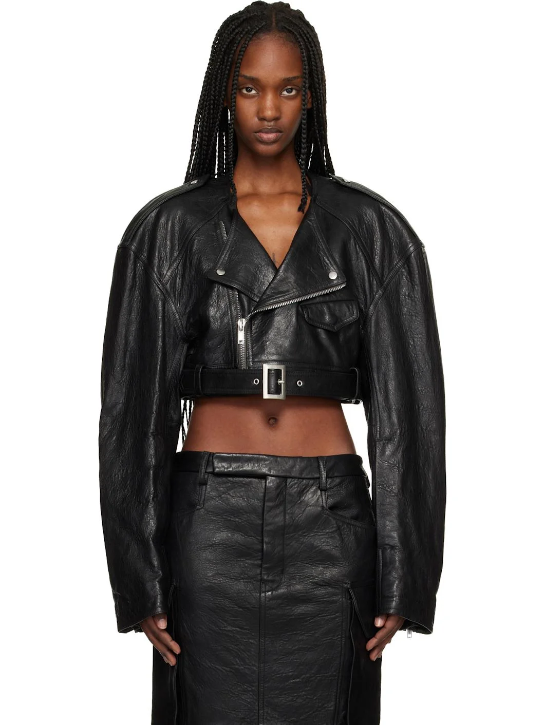 Black Temple Micro Leather Biker Jacket - 1