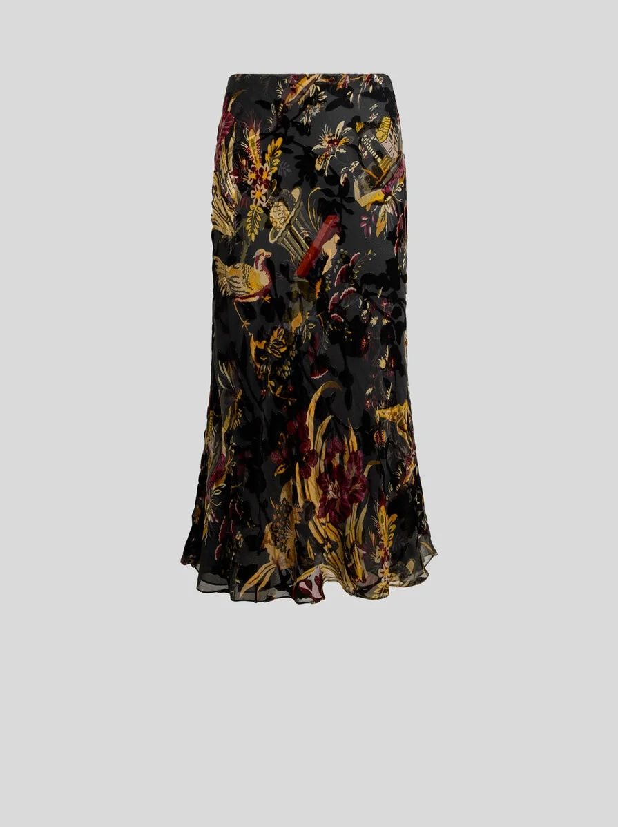 SILK-BLEND BURNOUT VELVET MIDI SKIRT WITH FLOWER AND ANIMAL MOTIF - 1