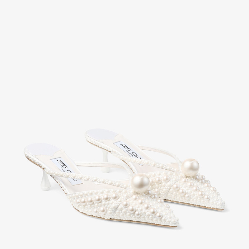 Sana Mule 50 White Satin Mule with Pearl Embellishments 3