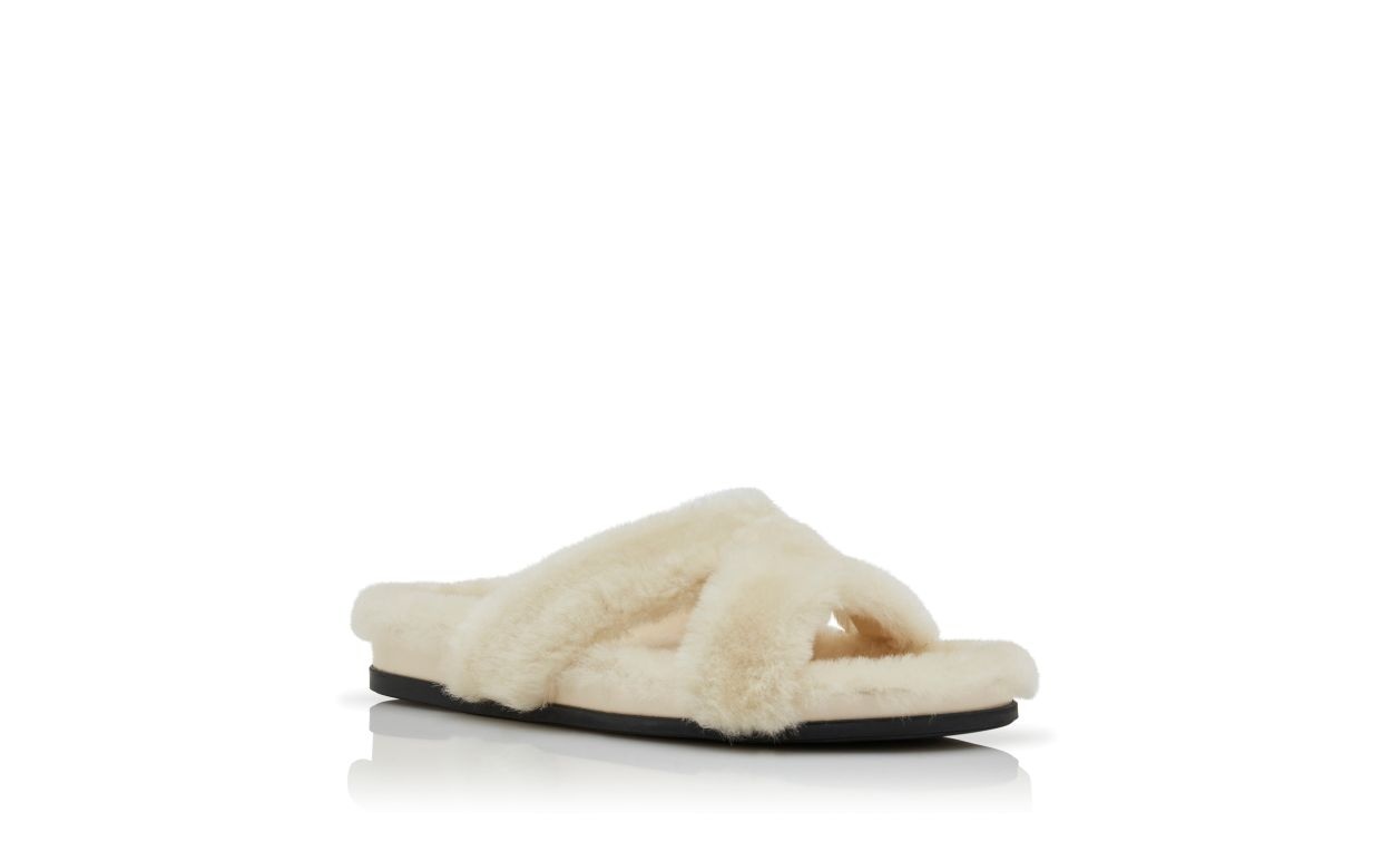Cream Shearling Open Toe Flat Mules - 3