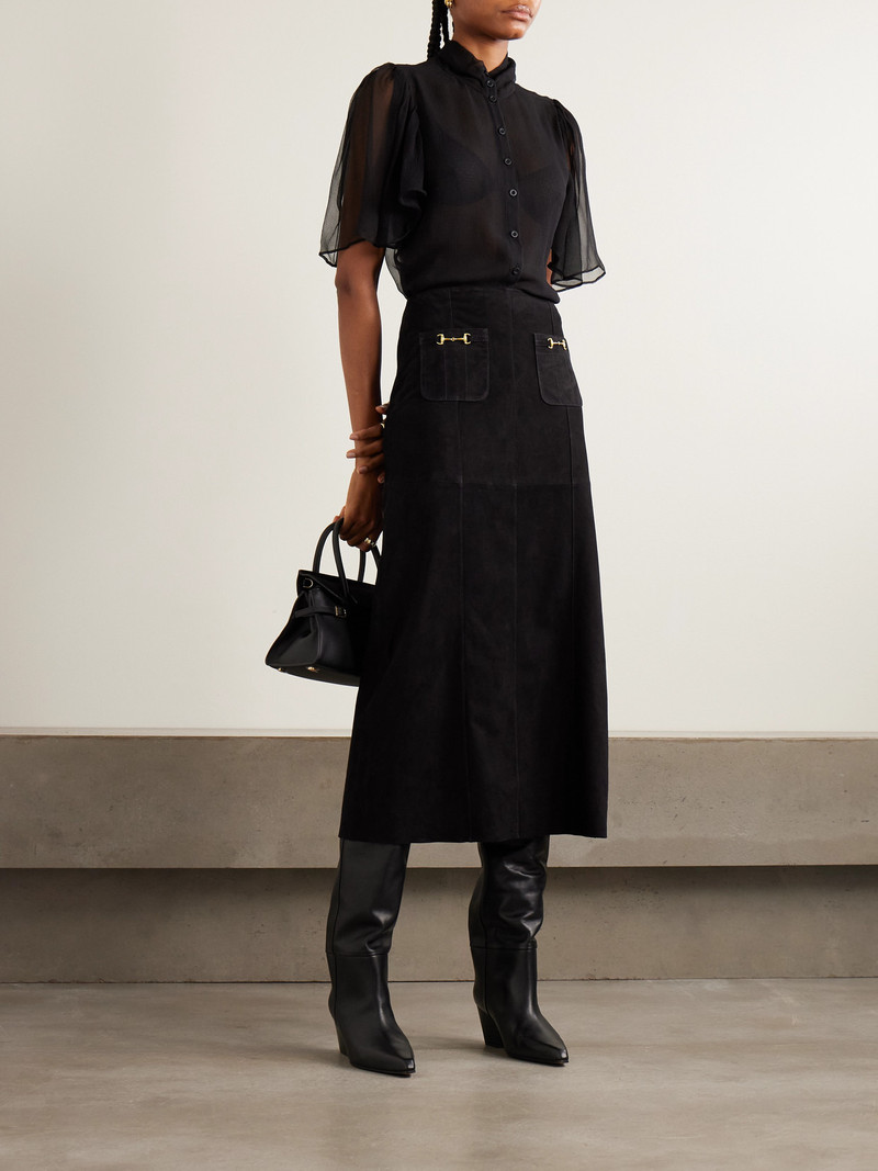 RIXO Edwina Embellished Paneled Suede Midi Skirt outlook