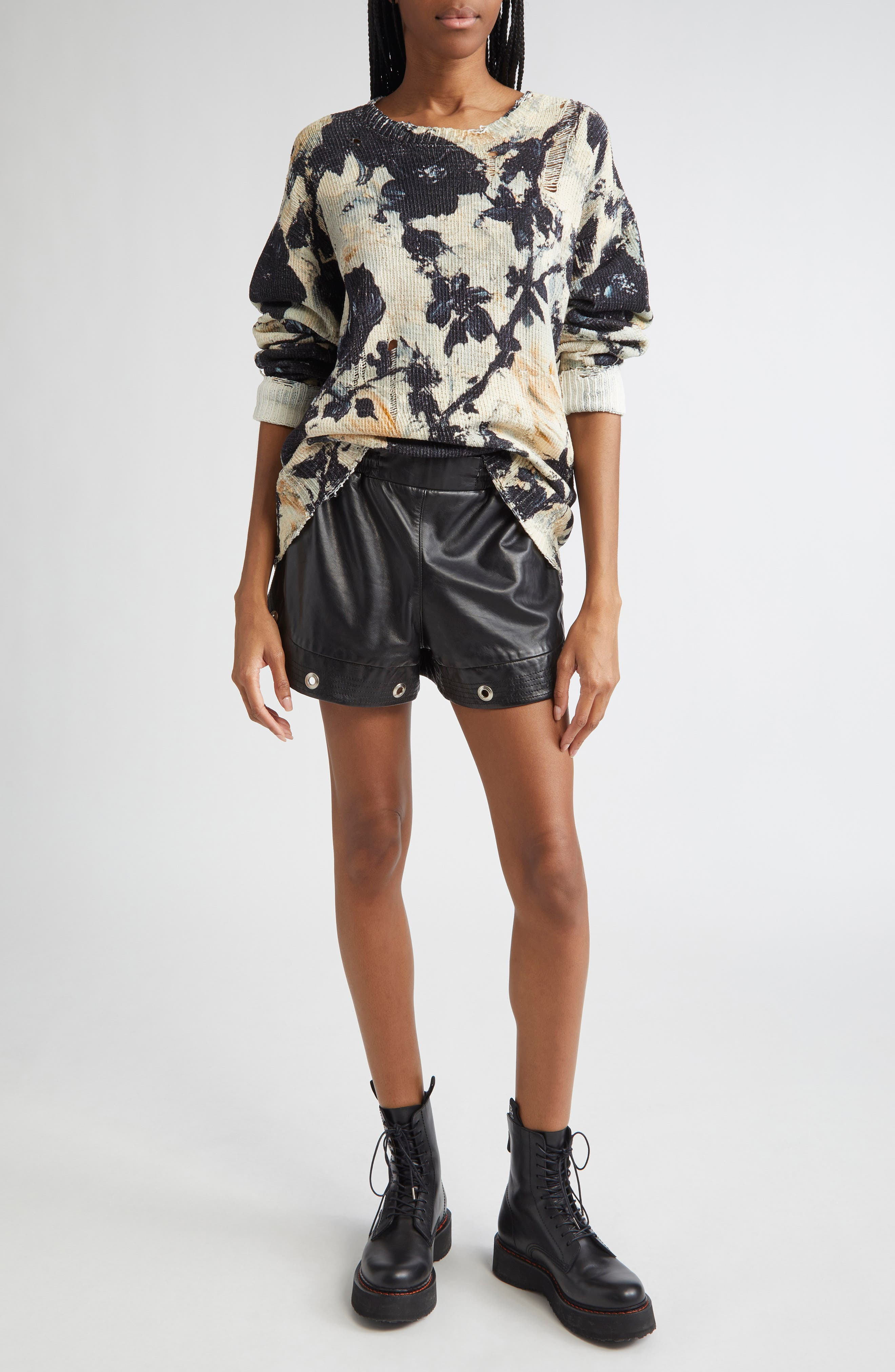 R13 Distressed Floral Cotton Sweater in Black And Cream Floral at Nordstrom - 7