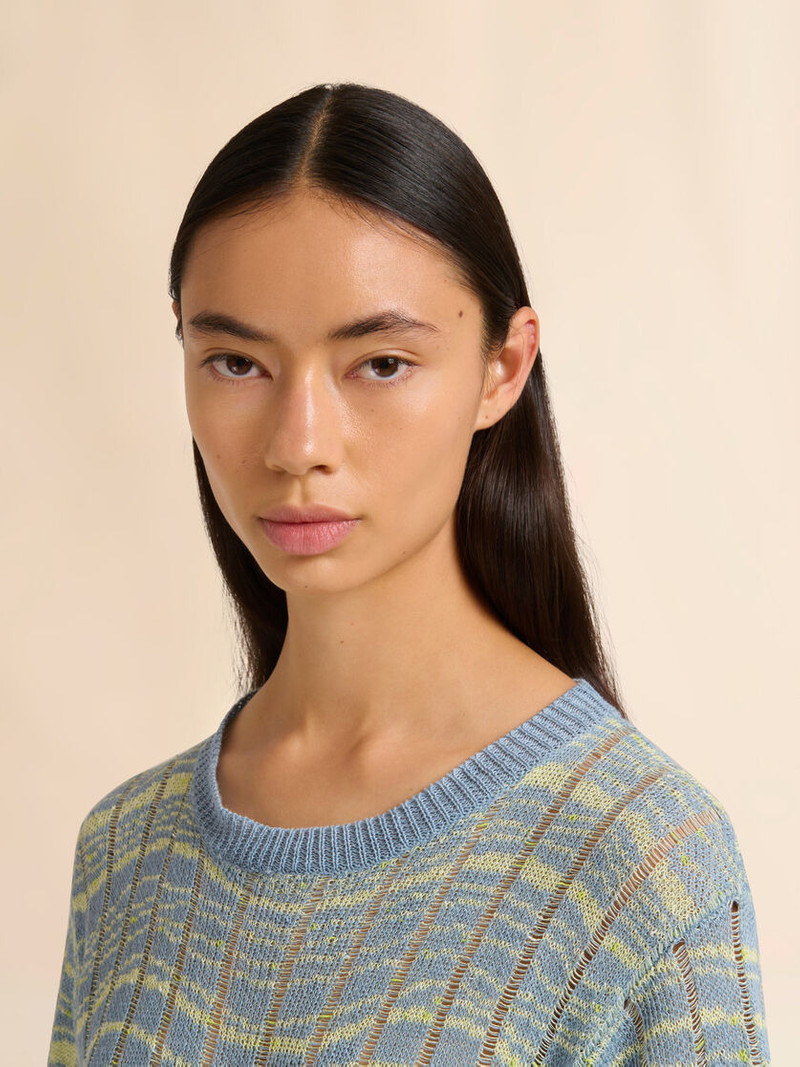BLUE RIBBED LINEN DRESS WITH WAVY PATTERN 4