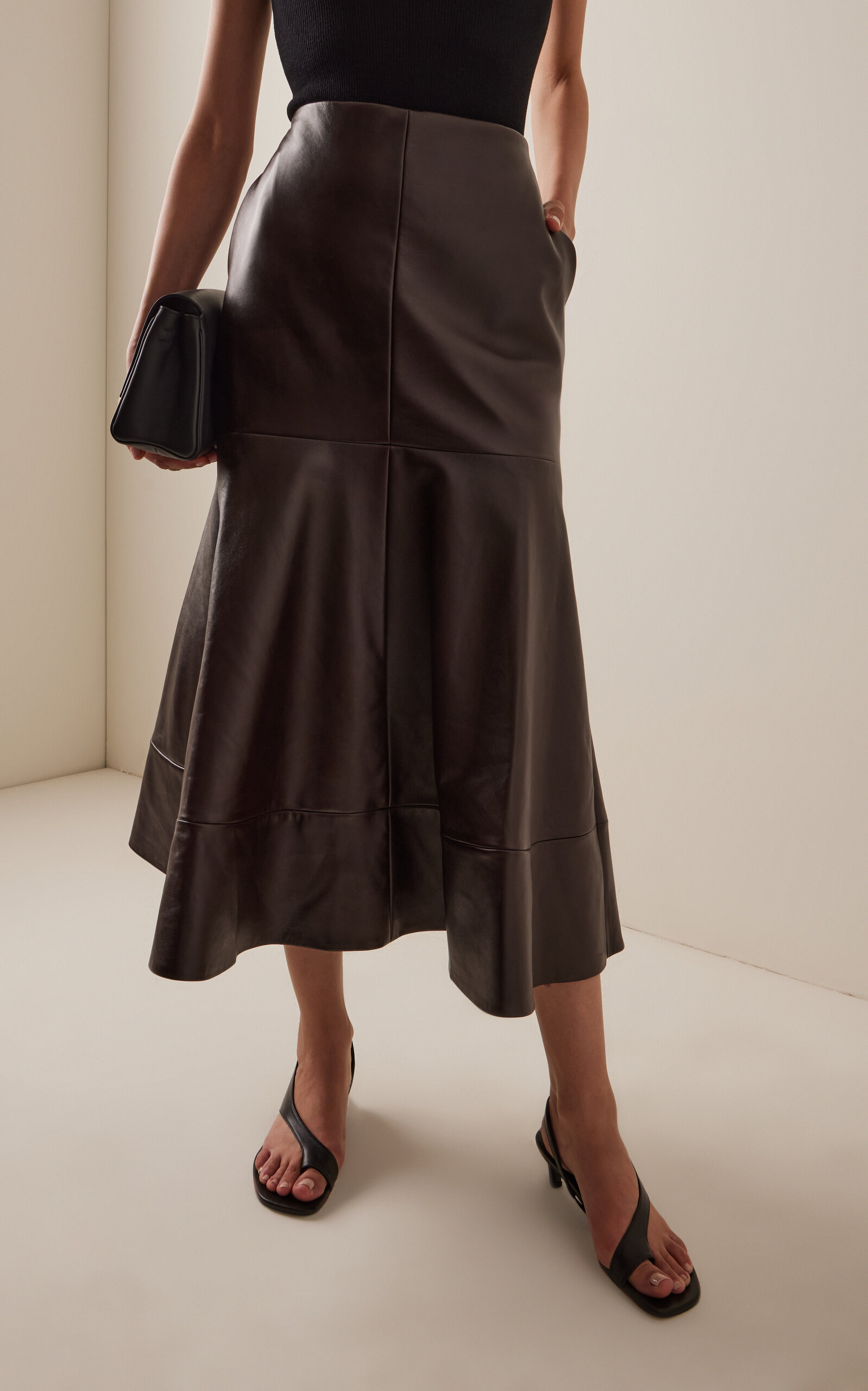 The Preston Flared Leather Midi Skirt brown - 4